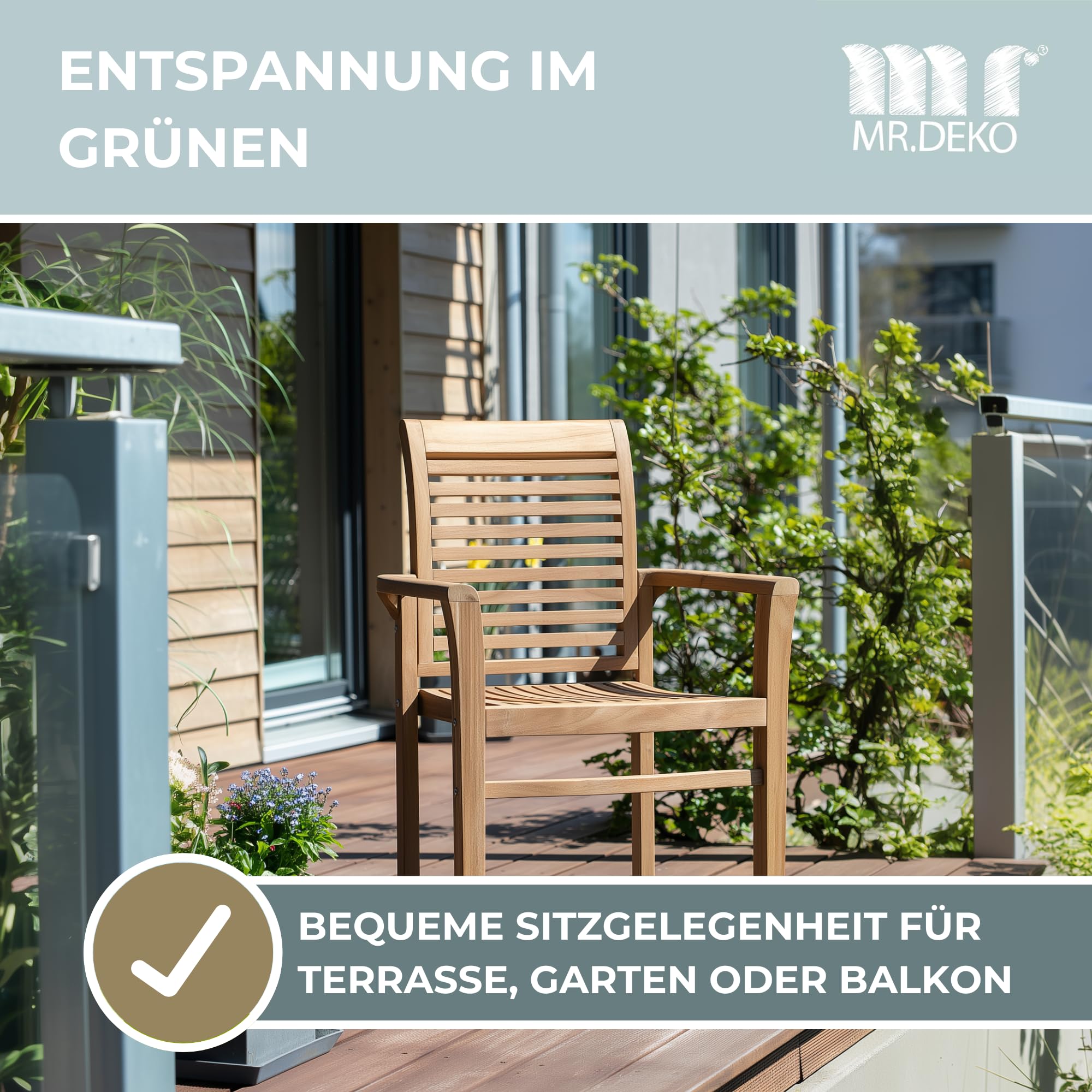 MR. DEKO Stapelsessel Derby Teakholz mit Armlehnen | Gartenstuhl Holz Stapelbar Wetterfest | Holzstuhl Garten | Teak Stuhl Outdoor | Gartensessel Balkonstuhl | Terrassenstühle