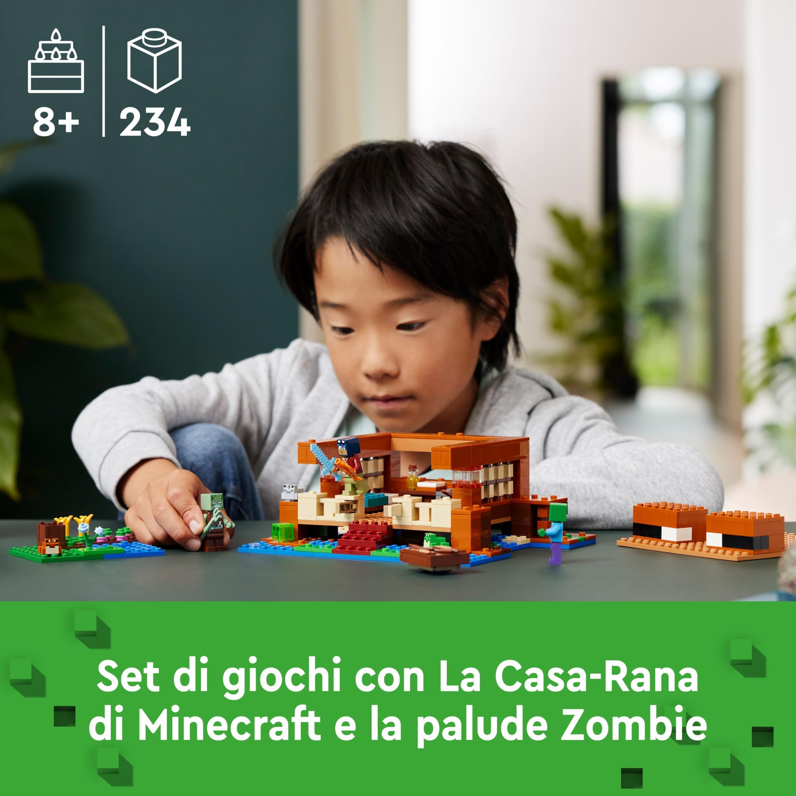 LEGO Minecraft La Casa-Rana Giocattolo - Set da Costruire con Barca, Figure di Animali, Mobb e Accessori tra cui Tavolo da Crafting e Fornace - Regalo per Gamer, Bambini e Bambine da 8 Anni - 21256