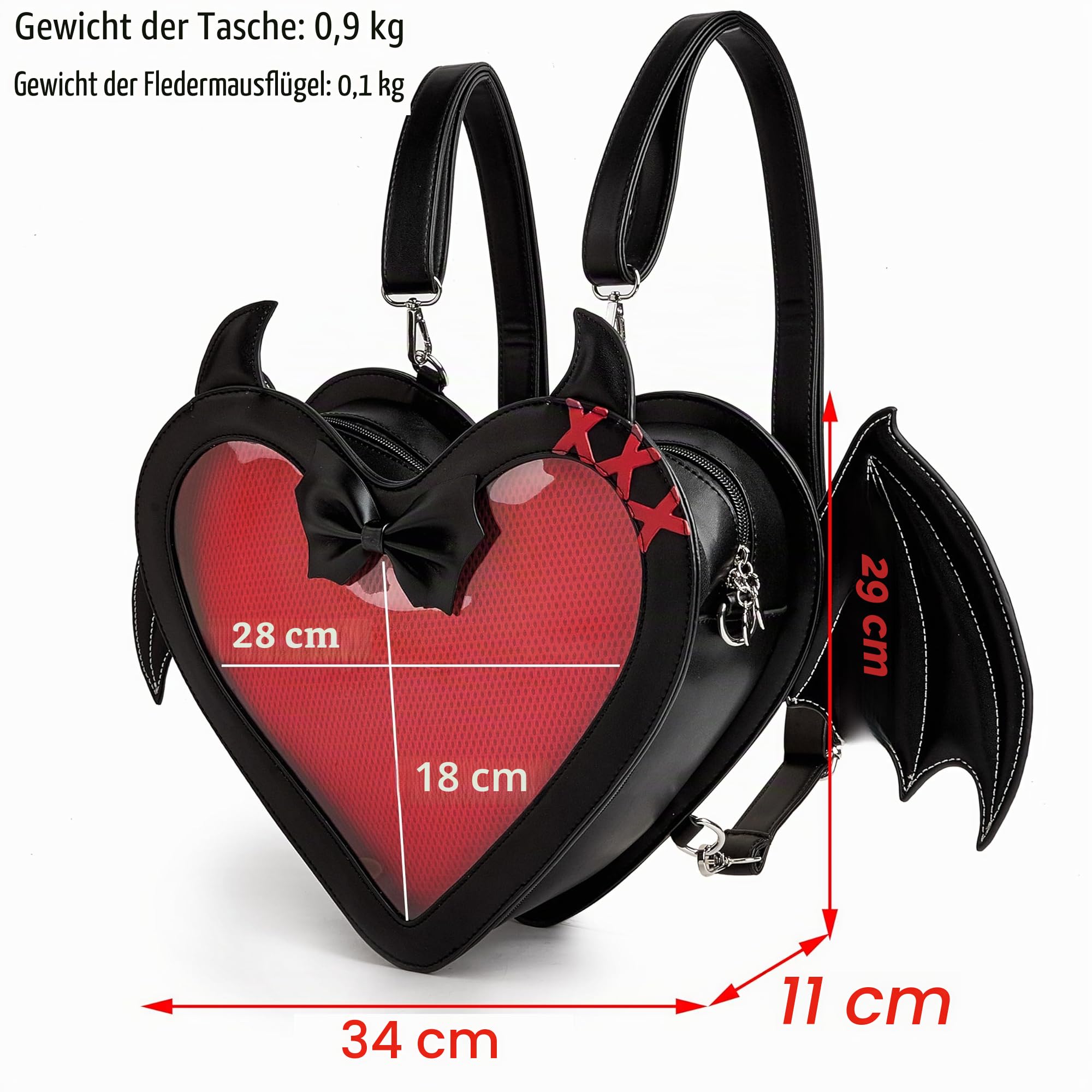 Gothic Dämonen-Herzförmiger Fledermausflügel-Rucksack für Frauen mit klarem Fensterdisplay, 3-Wege-Konvertible Neuheits-Schultertasche, Kawaii Goth-Accessoire