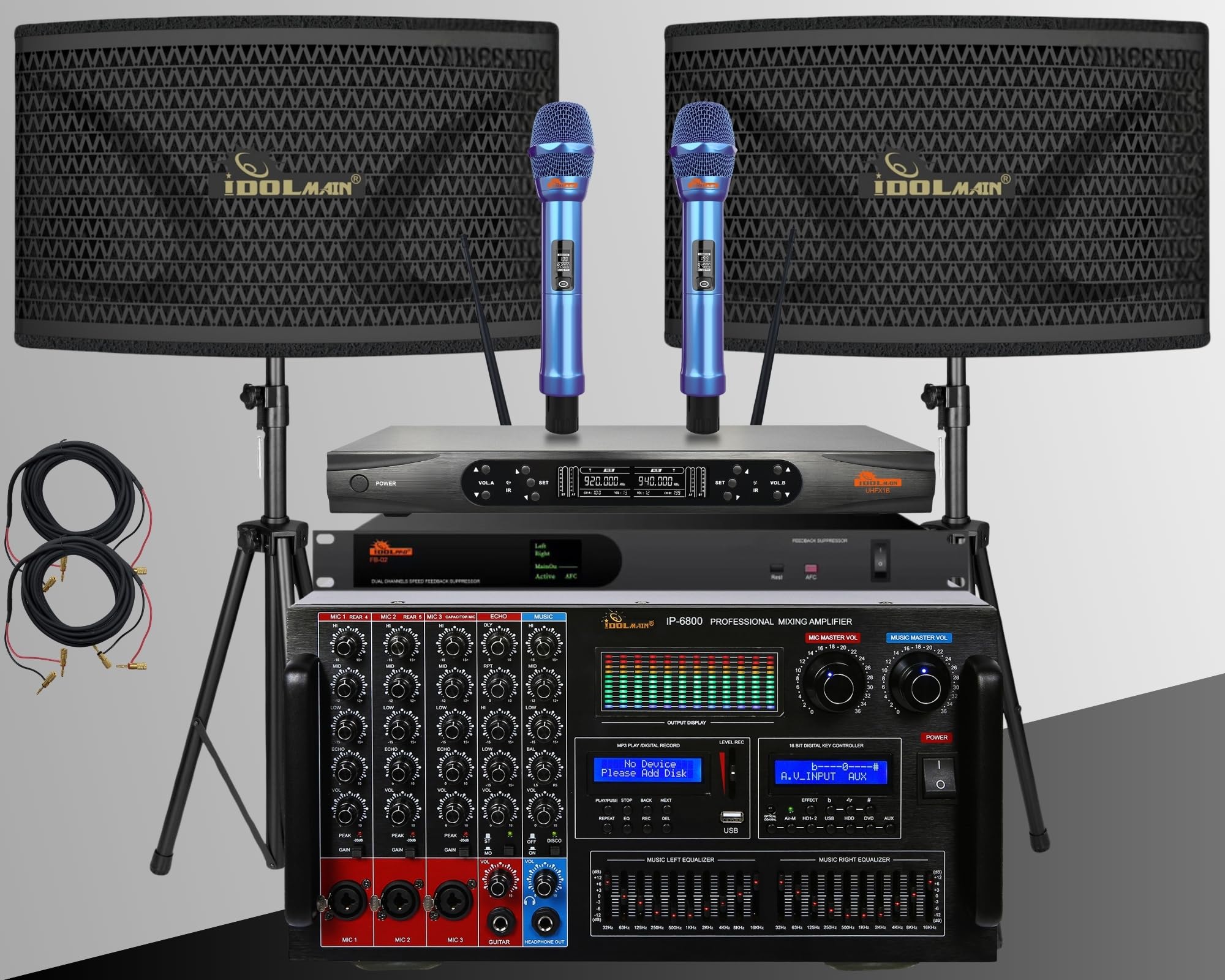 IDOLmain 8000W Mixing Amplifier, Full Range 2000W Speakers W/Bass Booster& Dual Wireless Microphones Limited Edition Professional with Feedback Suppressor Home Karaoke Package System