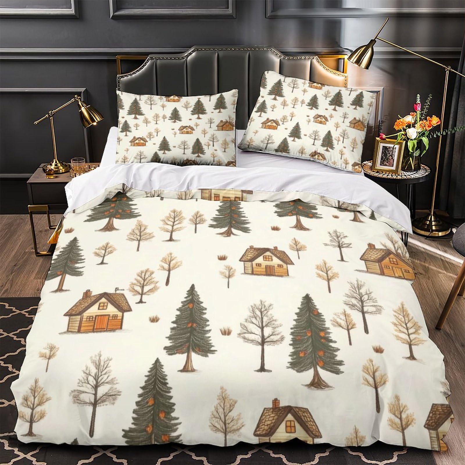 MMDASBVPE Winter Cabin Scene Quilt Cover 3D Print Anti-allergic 3 Pieces Bed Set Hidden Zipper Comforter Cover Ultra Soft All Season for Adults Kids Teens Women Youth Teenagers Single（135x200cm）
