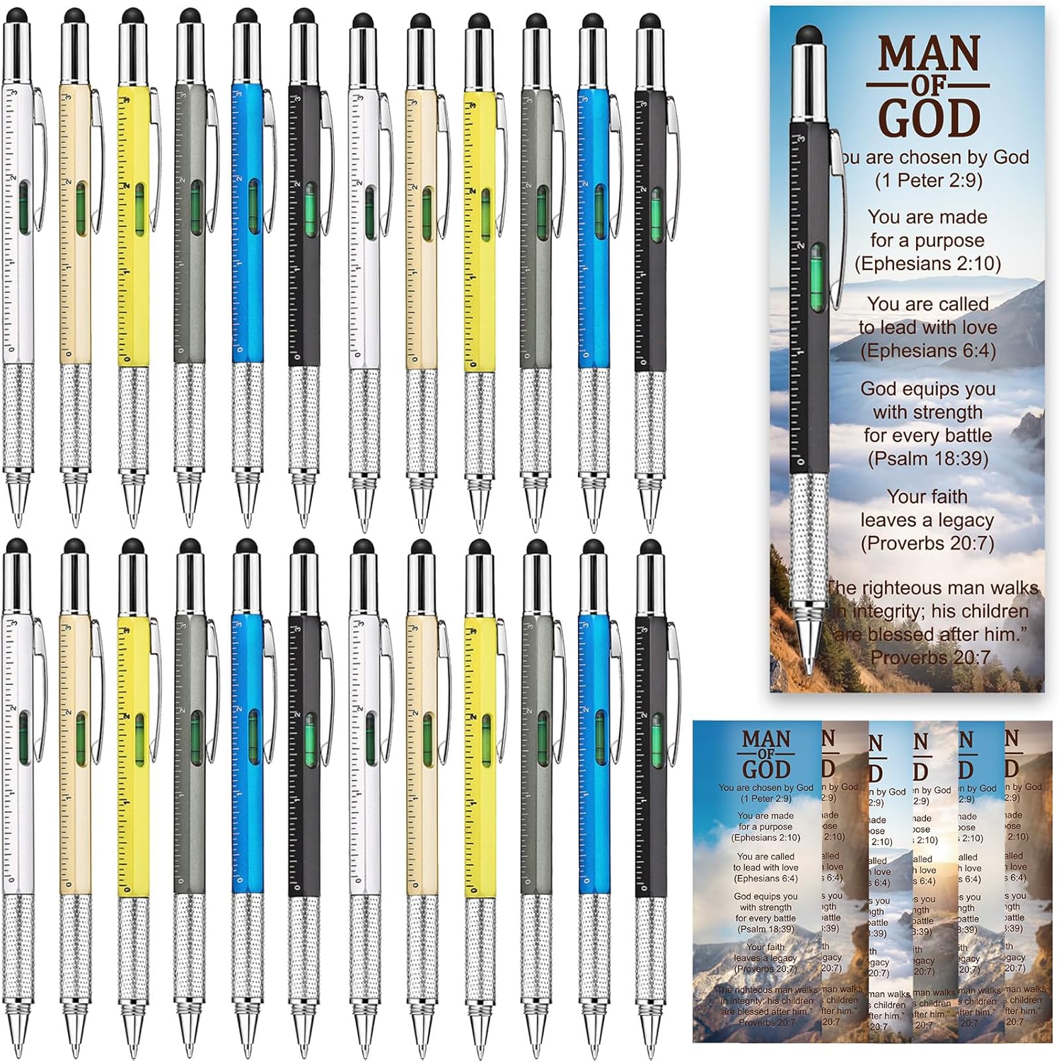48 Sets 6 in 1 Multi Tool Pen Father Day Man of God Gift Christian Church Gifts for Men Bulk Bible Verse Bookmarks Screwdriver Pen Multi Tool Pens for Christian Father Coworkers