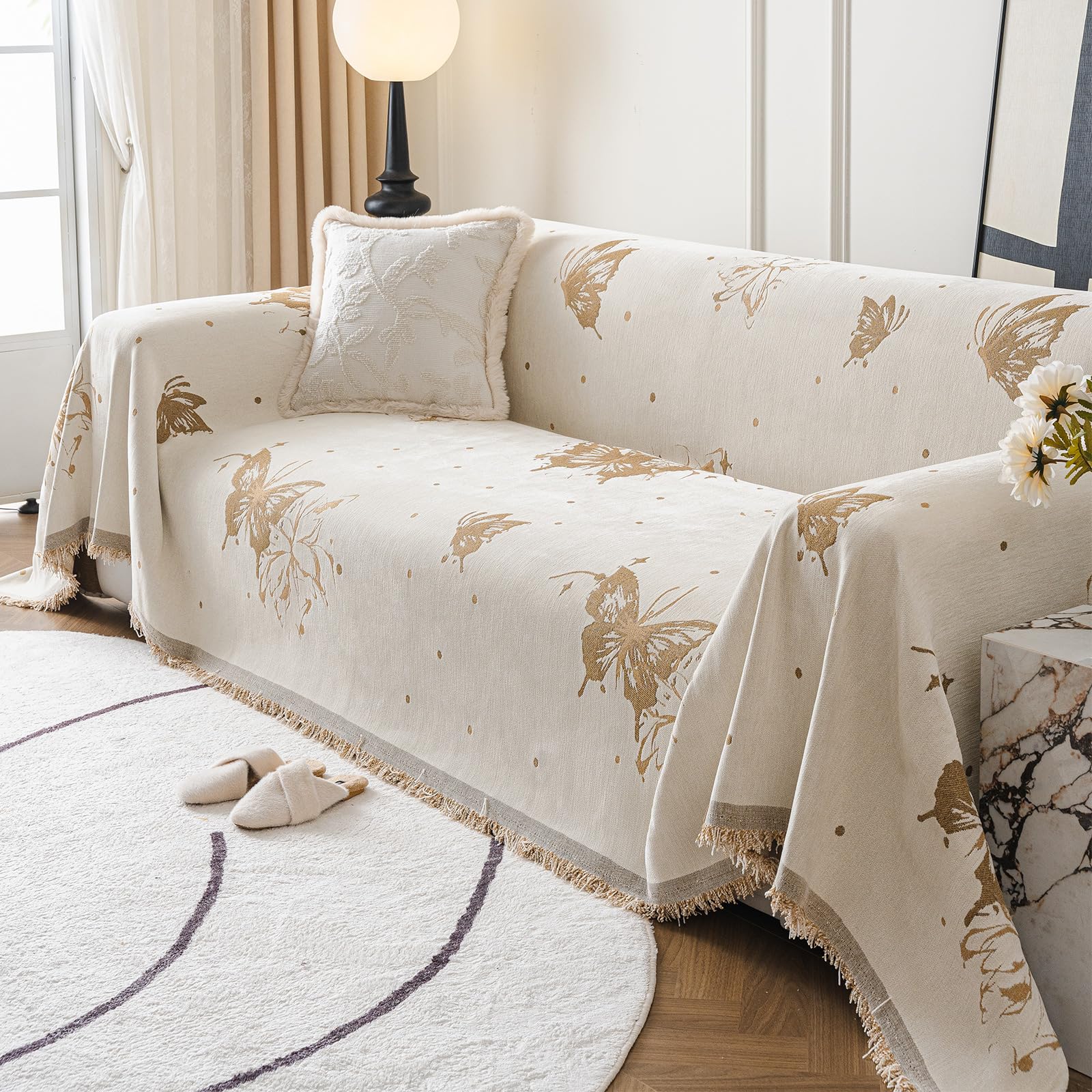 Funda Sofa,Cubre Sofas, Tela Cubre Sofa Four Seasons, Colcha Multiusos para Sofá, Plaid Sofa Decorativo,Elegante Estampado de Mariposas 180 * 180cm-Curry Oscuro