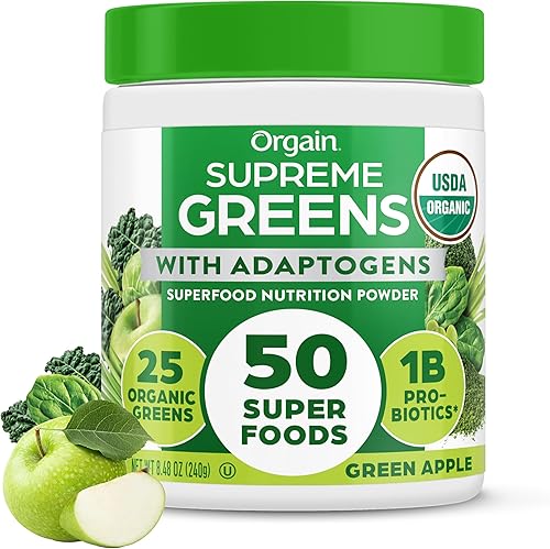 Orgain Supreme Greens Polvo con 25 verduras orgánicas, 50 superalimentos, 1 mil millones de probióticos y adaptógenos, verduras veganas para la