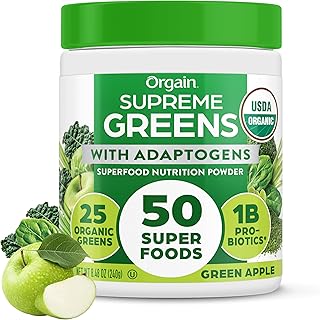 Orgain Supreme Greens Powder with 25 Organic Greens, 50 Superfoods, 1 Billion Probiotics, and Adaptogens, Vegan Greens for...