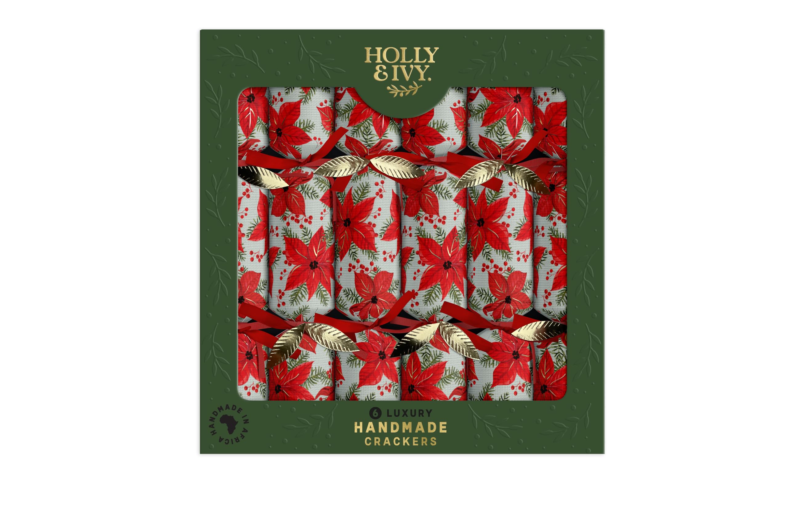 Holly and Ivy Luxury Christmas Crackers – Textured Snowflakes Design – 14 Inch Handmade Crackers with Hats Jokes and Gifts – Box of 6