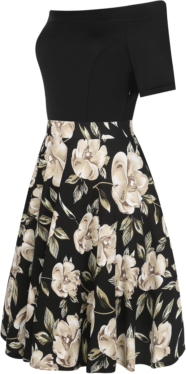 oxiuly Women's Vintage Off Shoulder Pockets Casual Floral A-Line Party Cocktail Swing Dress OX232 - Image 4