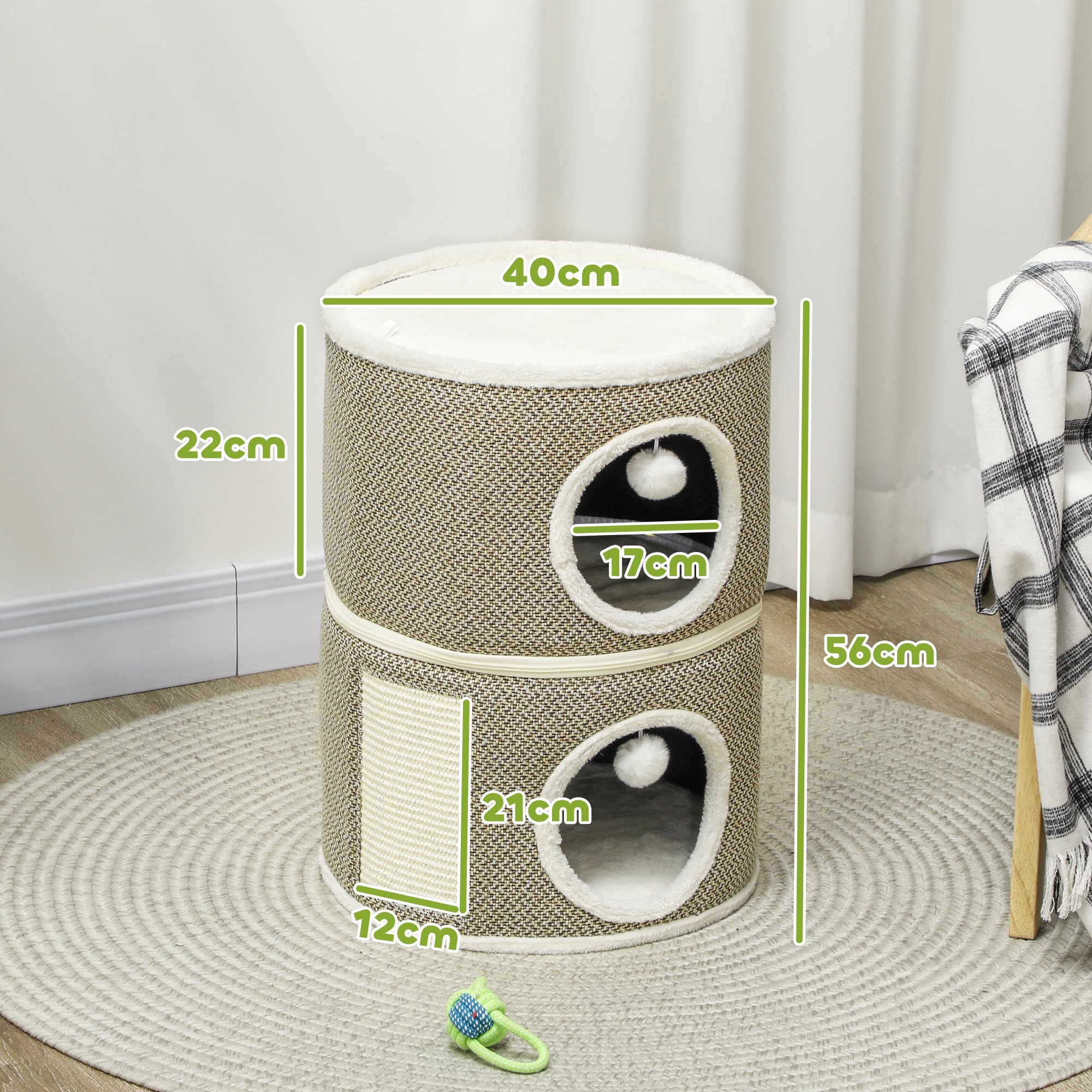 PawHut Tonneau à chat en sisal de 56 cm de haut avec grotte, arbre à chat, tour de chat, pour chat jusqu'à 5 kg, café