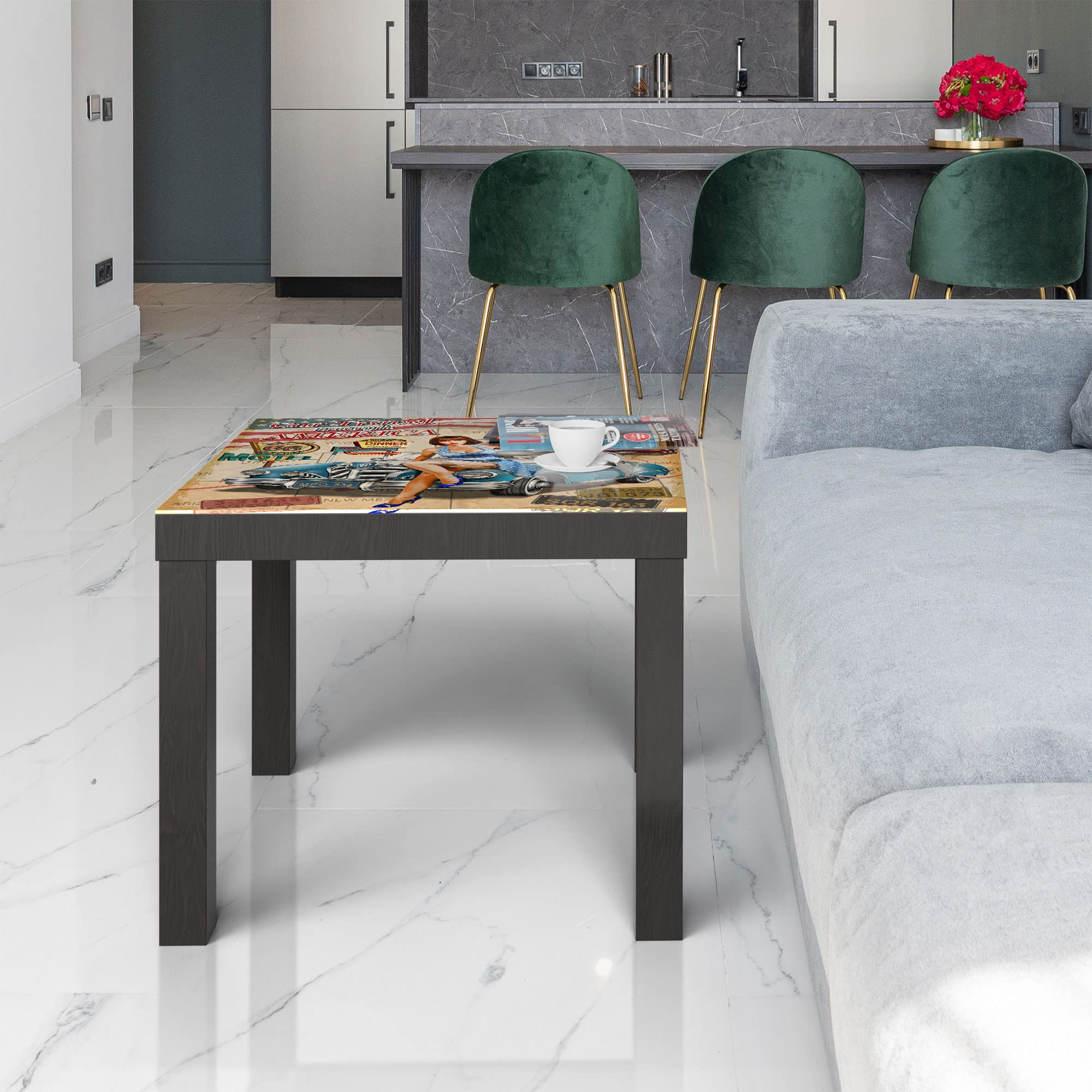 DEQORI Mesa de cristal | negro pequeña 55 x 55 cm | diseño de cartel de la ruta 66 | elegante mesa auxiliar de cristal | mesa de centro brillante para el salón | moderna mesa de sofá con diseño