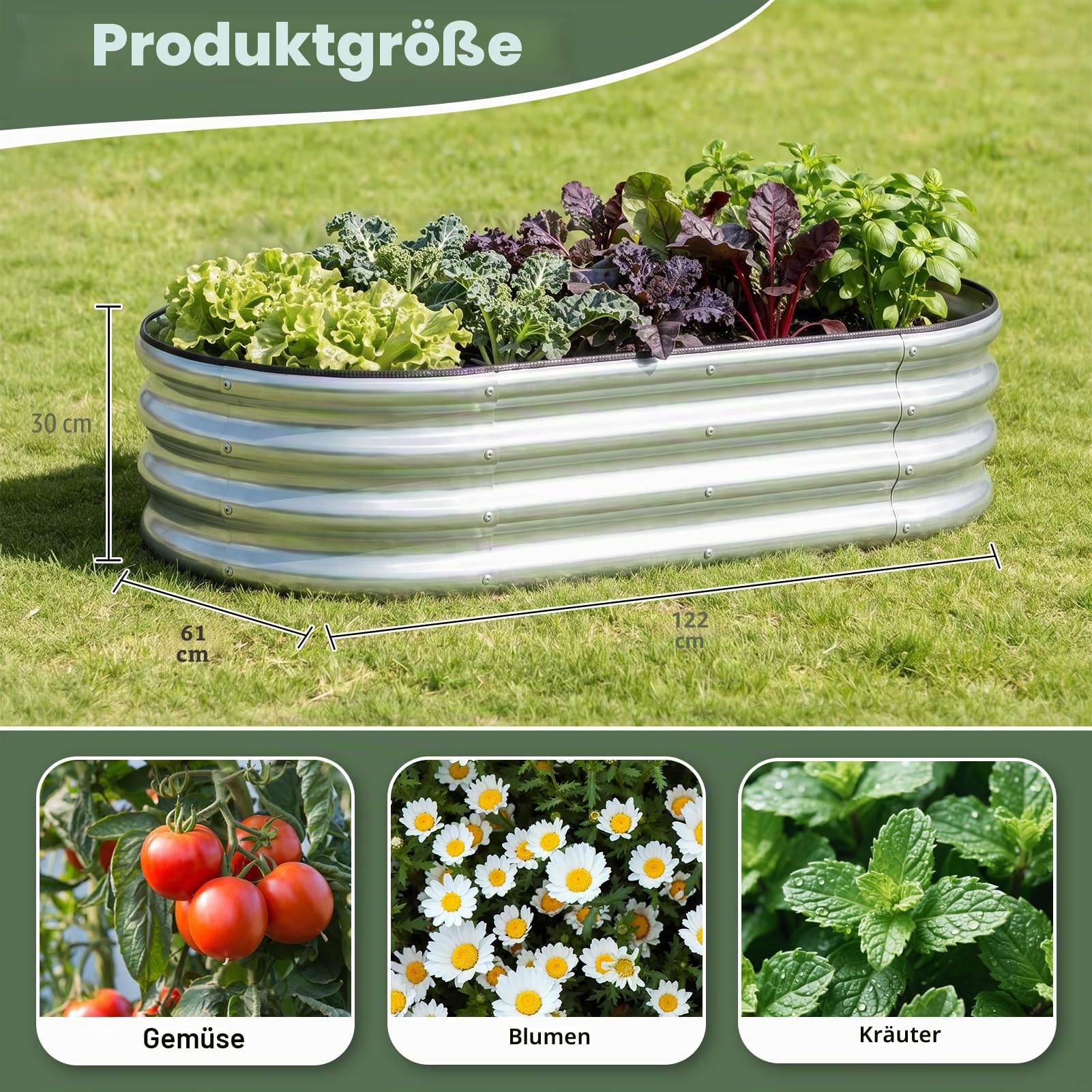 1MORE Verzinktes Hochbeet - Pflanzkübel für den Außenbereich, Hochbeete für Gartenarbeit, 1,2 x 0,6 x 0,3 m, Metall-Gartenbeet für Gemüse, Blumen, Pflanzgefäß Hochbeete mit Werkzeug, Silber, 2 Stück