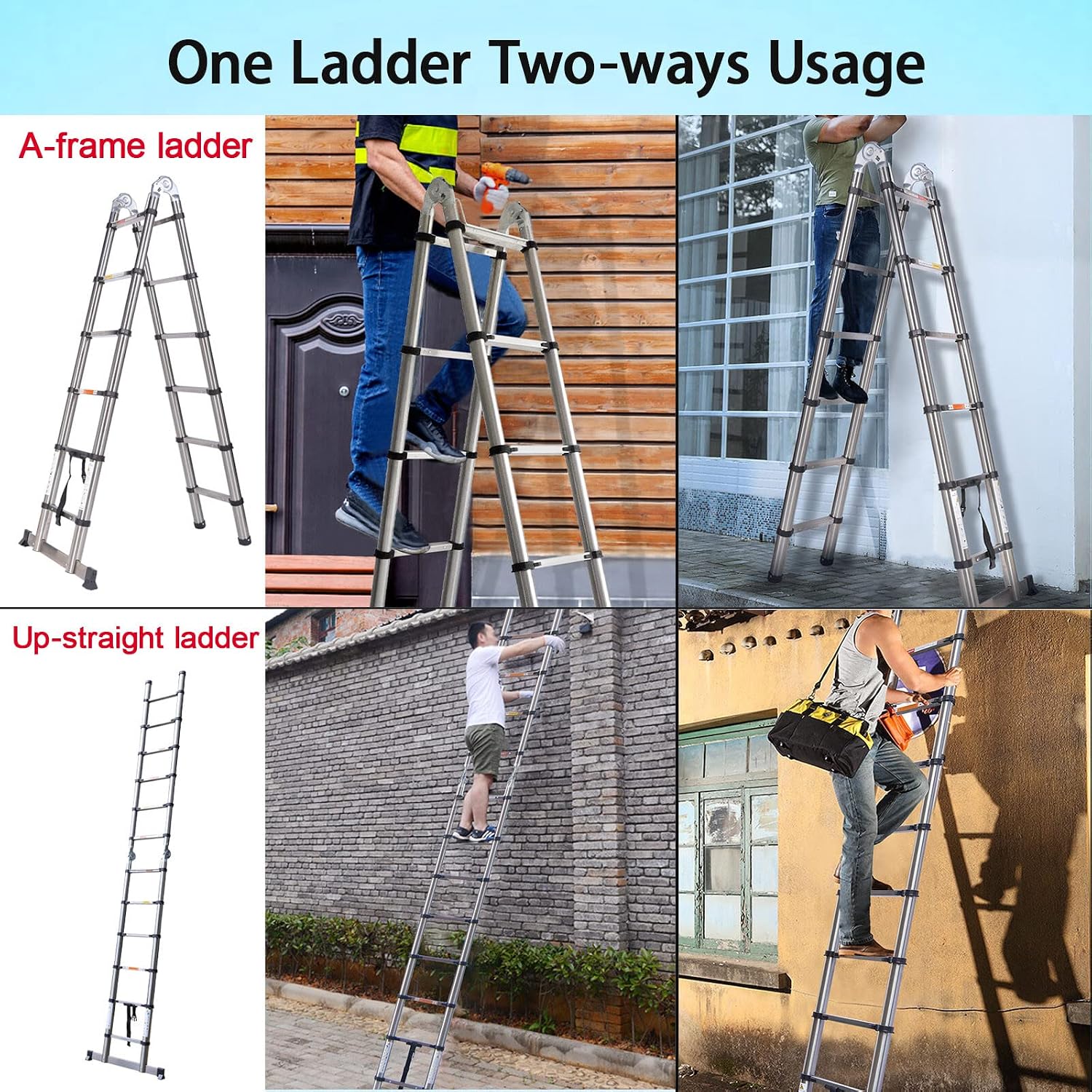 Extension Ladder 16.5ft/5m New A-Frame Heavy Duty Stainless Steel Telescoping Ladder 2-in-1 Collapsible Ladder 330lb Max Load with Stabilizer Bar for Building Maintenance Cleaning Decoration Painting