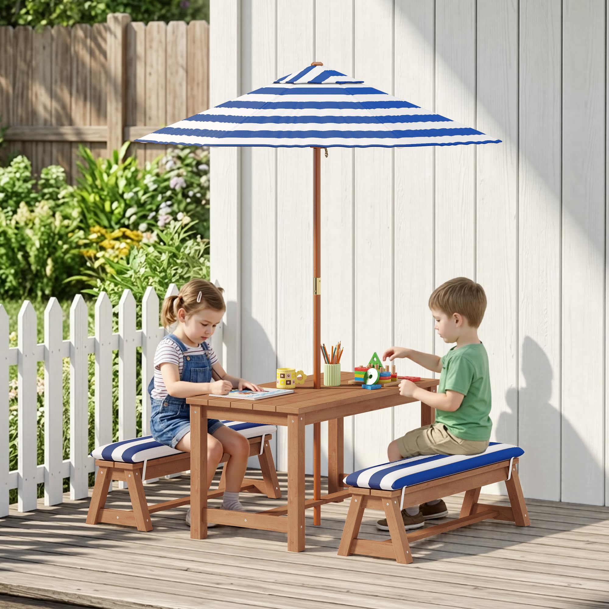 Set da giardino per bambini con parasole, set da esterno con cuscini, tavolo per bambini,tavolo da gioco per cortile,giardino, portico,patio,Blu