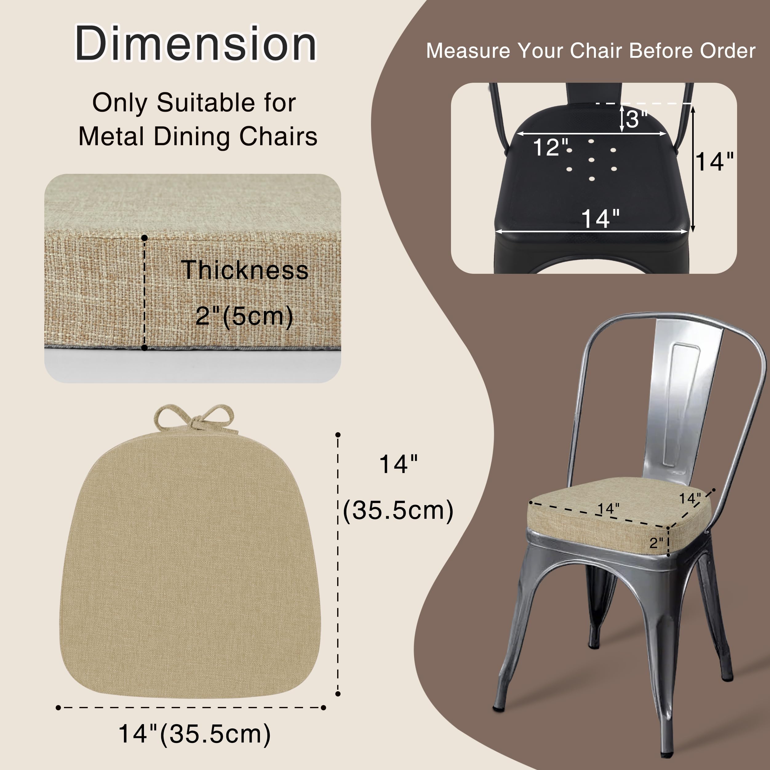 OVOV cuscini per sedie da 14x14 per sedie da pranzo in metallo, set di 4 cuscini antiscivolo spessi e testurizzati per sedie da pranzo con lacci e copertura rimovibile (35,5x35,5x5cm/14x14x2pollici