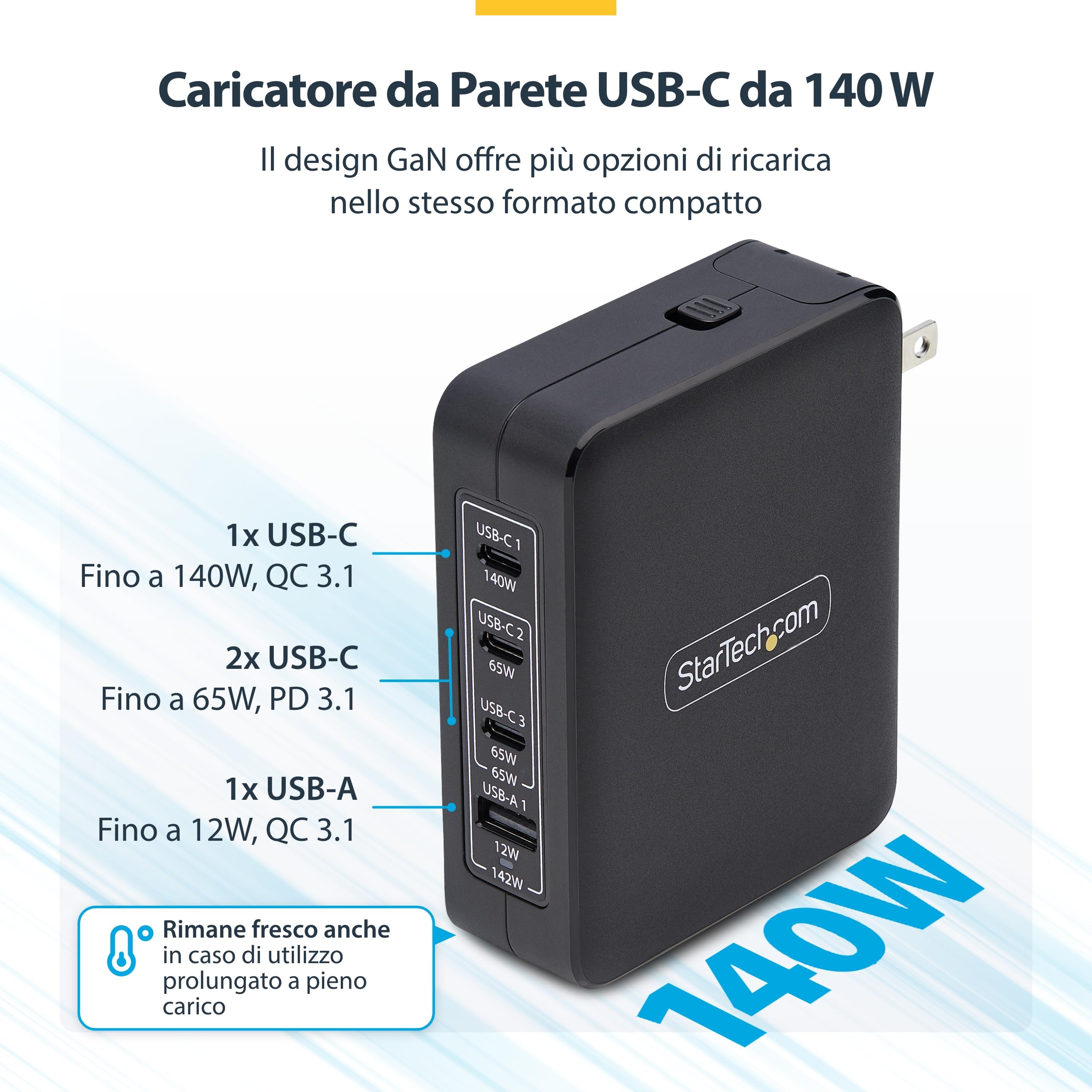 StarTech Caricatore USB-C da Parete 140W GaN, 3x USB-C e 1x USB-A, PD 3.1 | Supporta Inspiron, Alimentatore da Viaggio Compatto