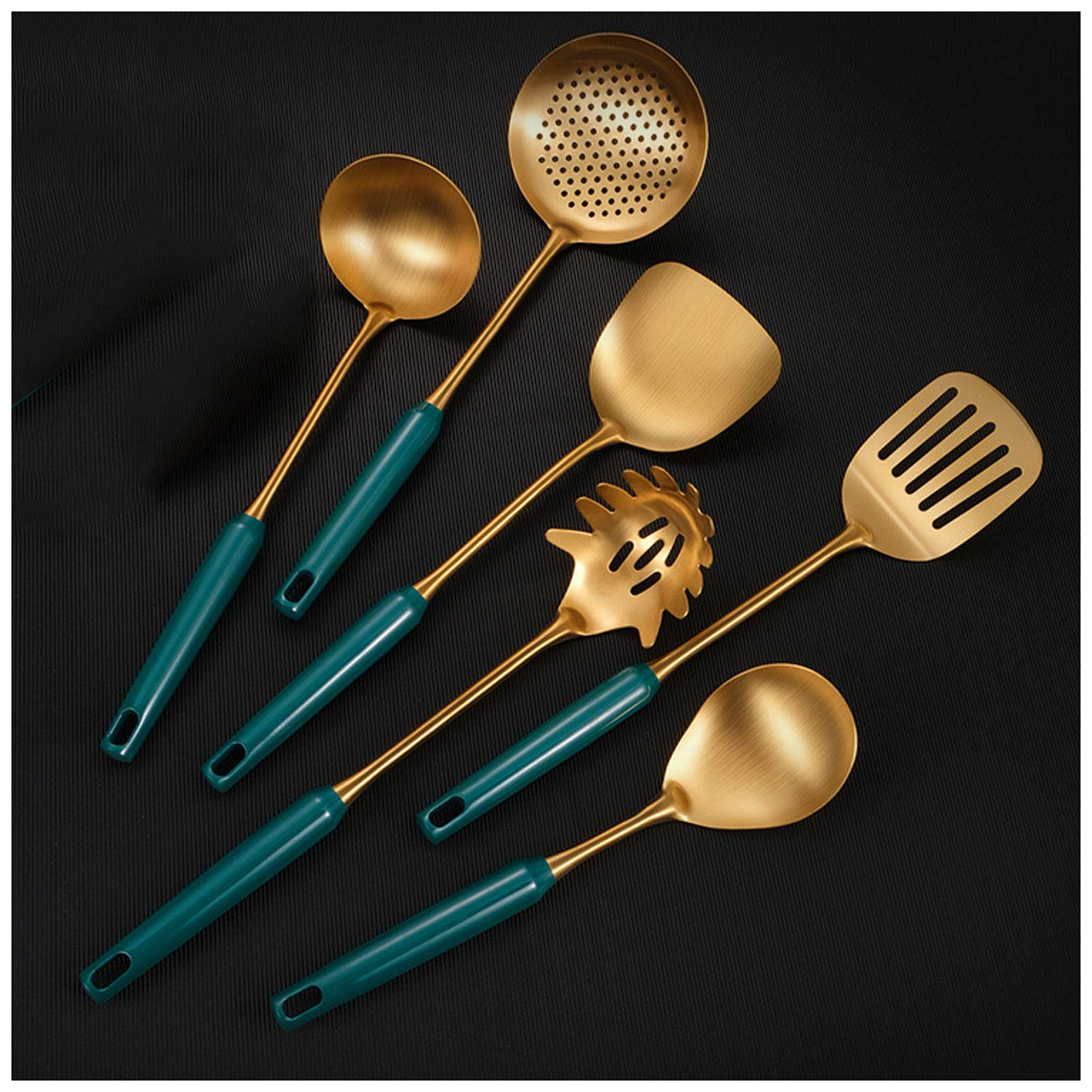 IUokLU Kitchen Stainless Steel Cooking Utensils Set, Serving Spoons, Includes Slotted Turner, Skimmer, Slotted Spoon, Solid Spoon (Green)