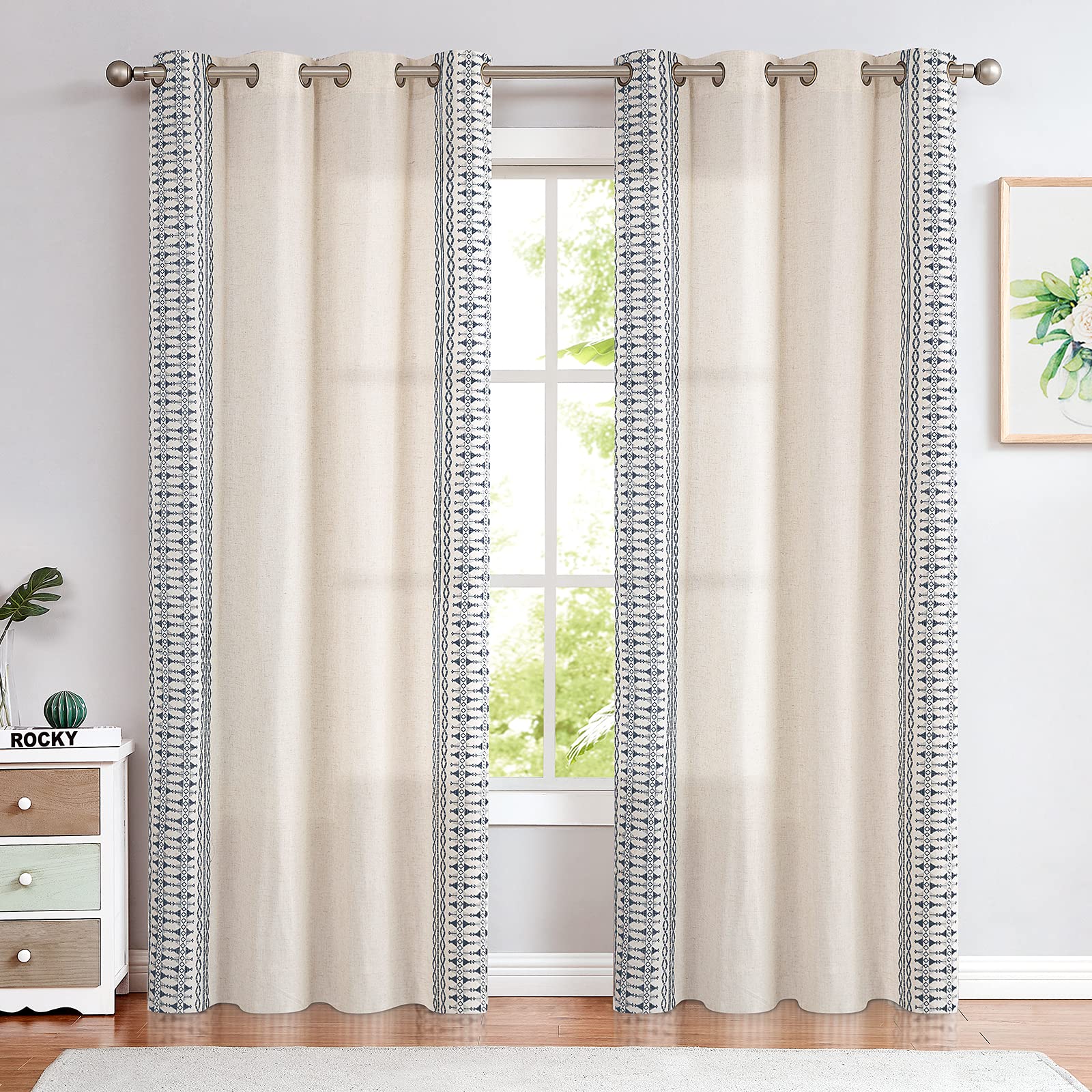 Lazzzy Blue Linen Boho Curtains for Bedroom Embroidered Bordered Window Curtains Living Room Drapes 90 Inch Length Light Filtering Grommet Window Treatment 2 Panels Blue on Beige