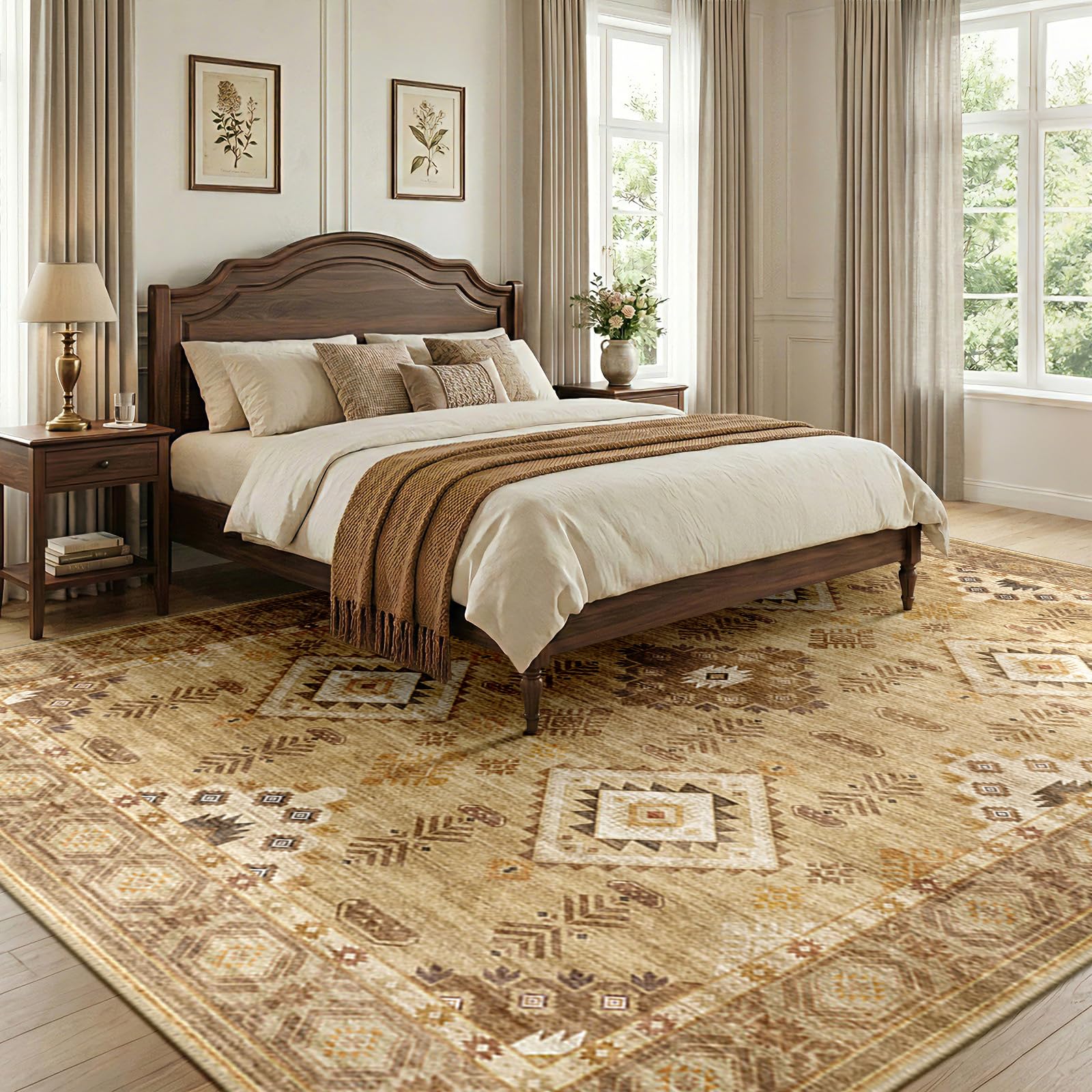 DEFYNEE Machine Washable Large Rugs Living Room 240x300cm, Soft Short Pile, Non-Slip Vintage Rugs for Bedroom, Moroccan Rug for Dining Room, Hallway, Camel