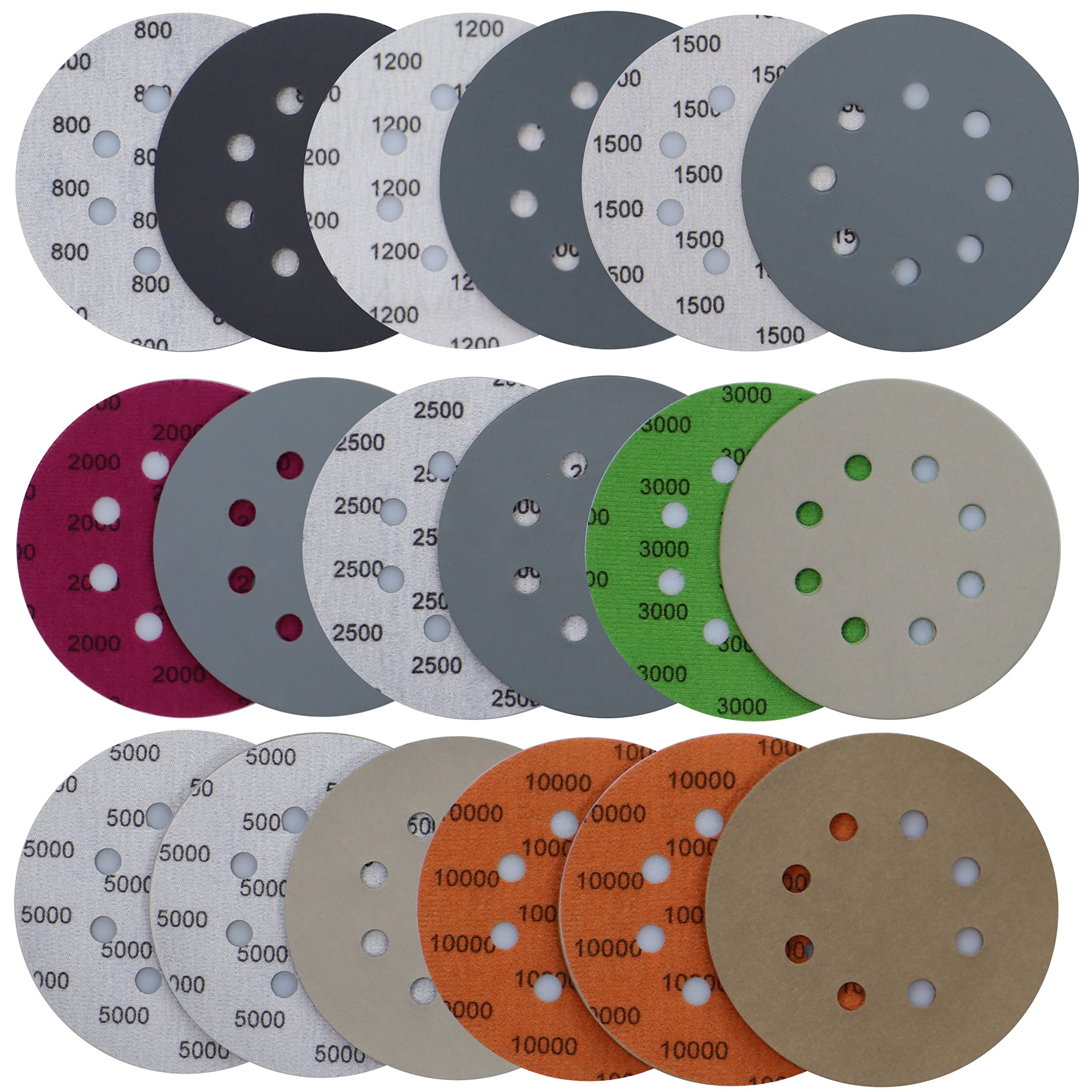 Aewio 24PCS 5 inch 8 Hole #800-#10000 Sanding Discs 800 1200 1500 2000 2500 3000 5000 10000 Grit Wet Dry Sandpaper Compatible for Random Orbital