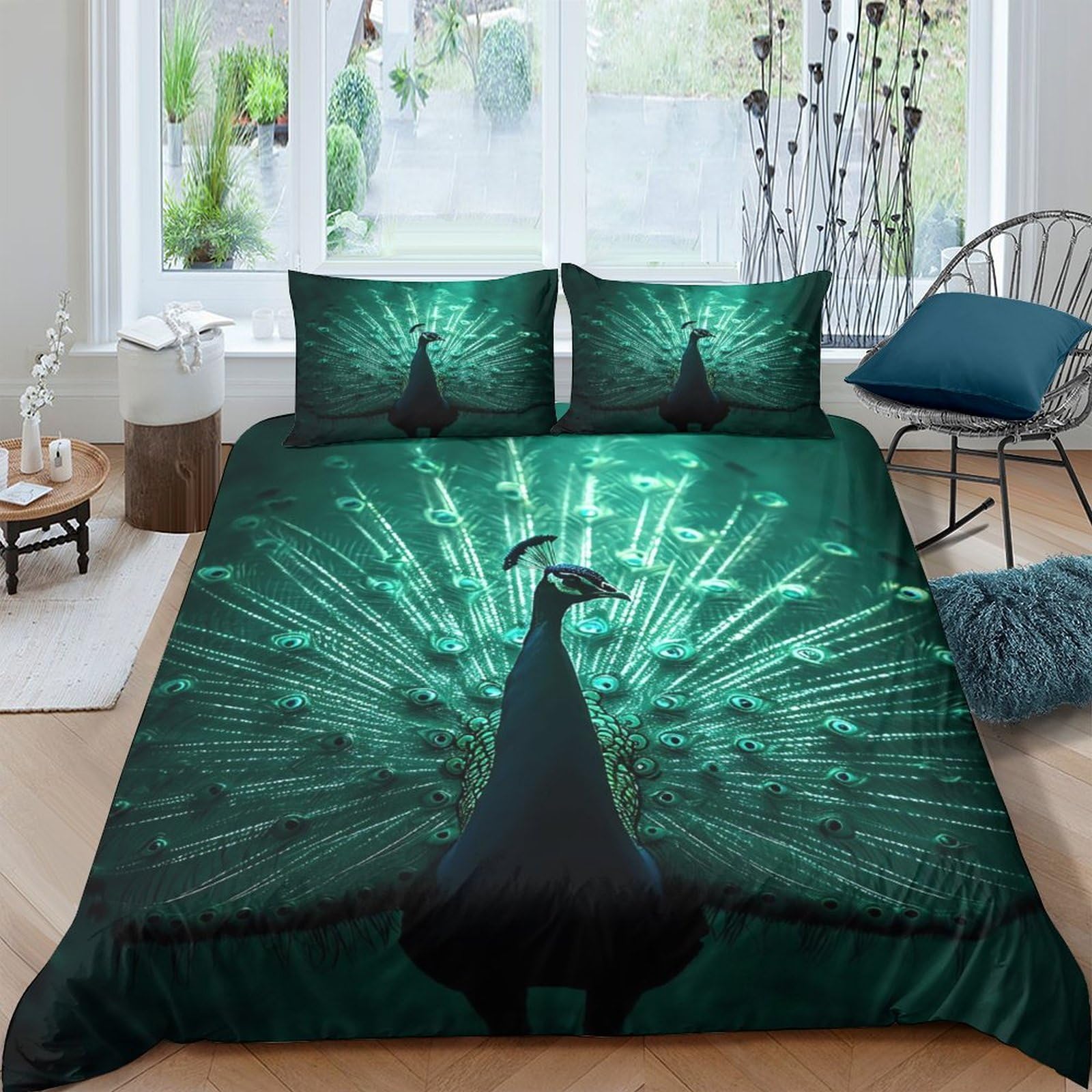 GPLZQXKJNH 3D Printed Peacock Feather Duvet Cover Microfiber Breathable Green Bedding Set with 2 Pillowcases for Bedroom Decor, Single（135x200cm）