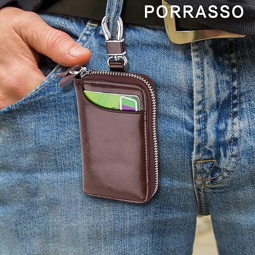 Miniatura 7 de PORRASSO Funda de cuero genuino para llaves de coche, bolsa para llaves, portatarjetas portátil, Marrón