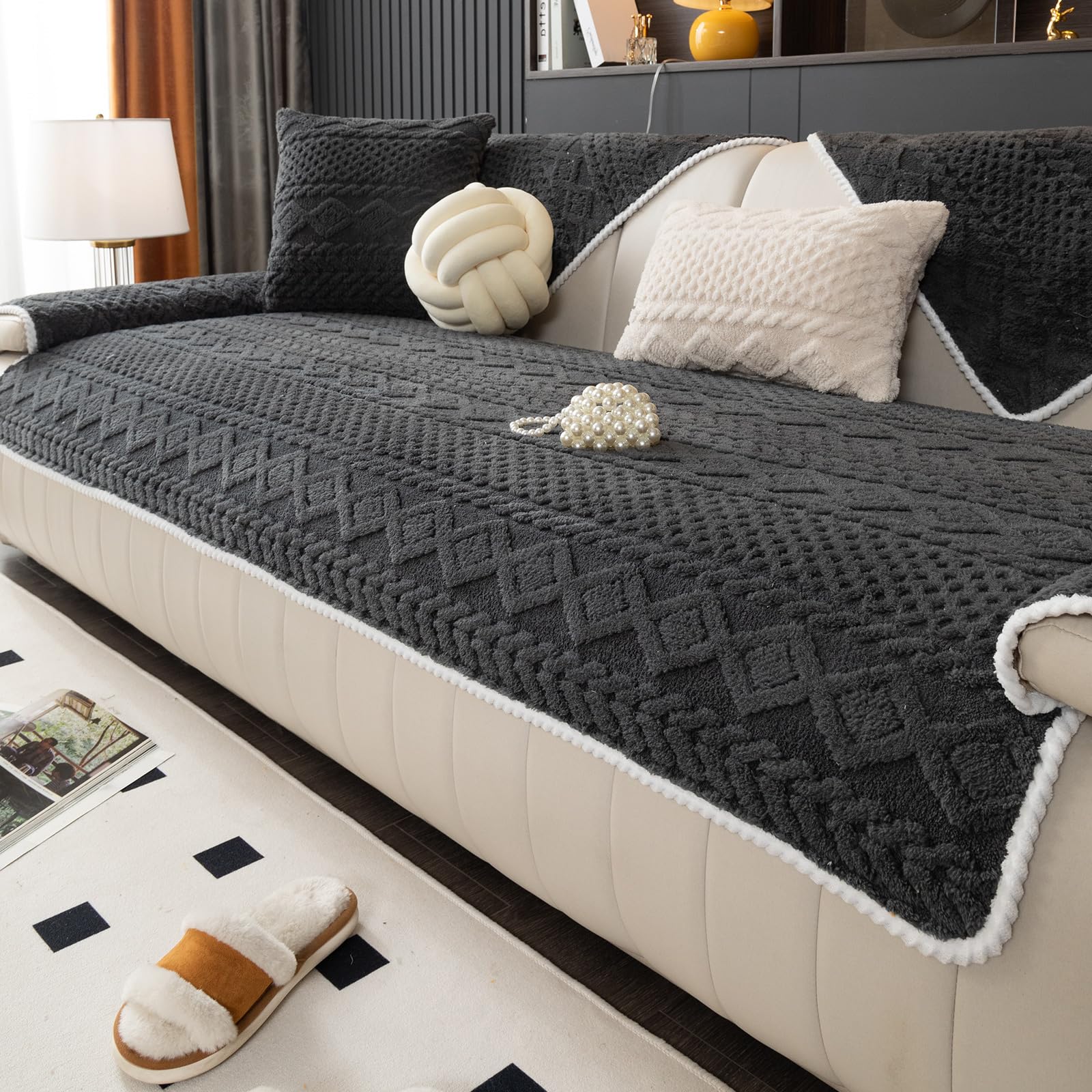 MDSASFD Geometric Jacquard Plush Warm Sofa Couch Cover, Soft Funny Fuzzy Couch Covers, Non Slip Sectional Sofa Slipcover, Cozy Washable Furniture