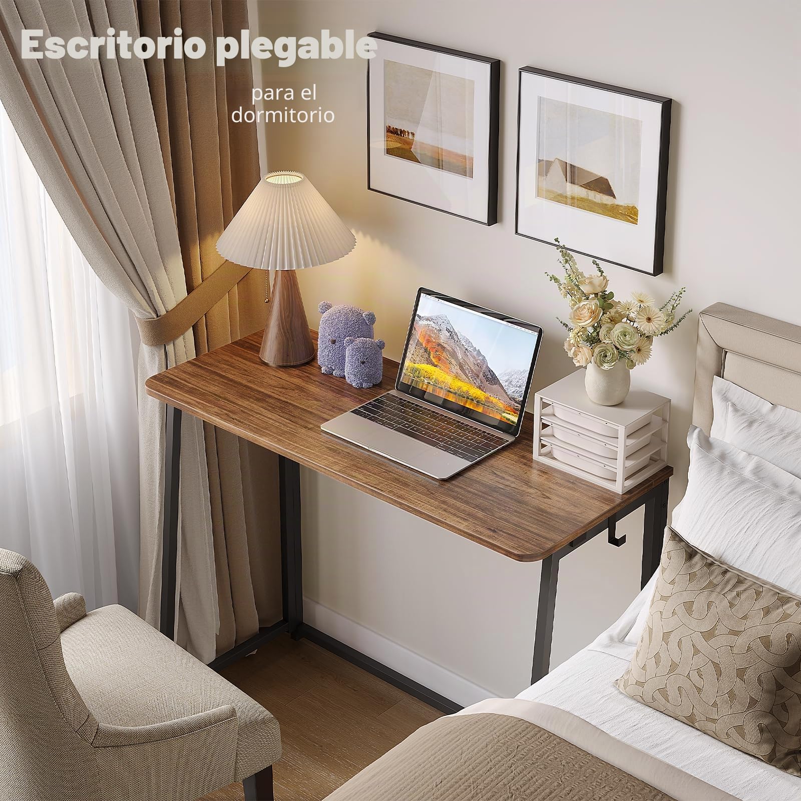 WOHOMO - Escritorio plegable, pequeño escritorio de escritura para ahorrar espacio, mesa plegable para portátil, estación de trabajo para oficina en casa, fácil montaje, nogal rústico