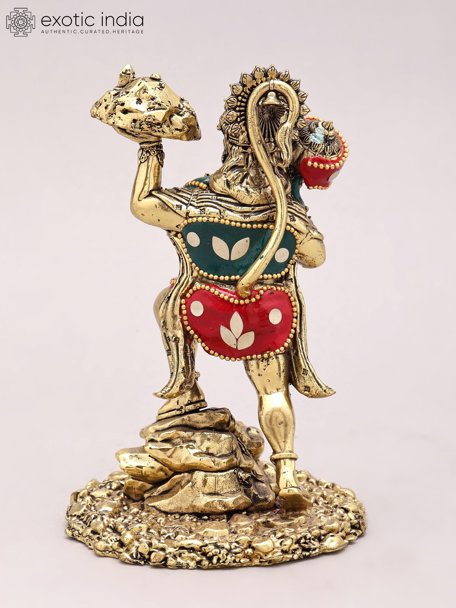 Exotic India Lord Hanuman z mosiężną statuetką Sanjivani z inkrustacją, hinduski bóg idol do pokoju Pooja i wystroju domu