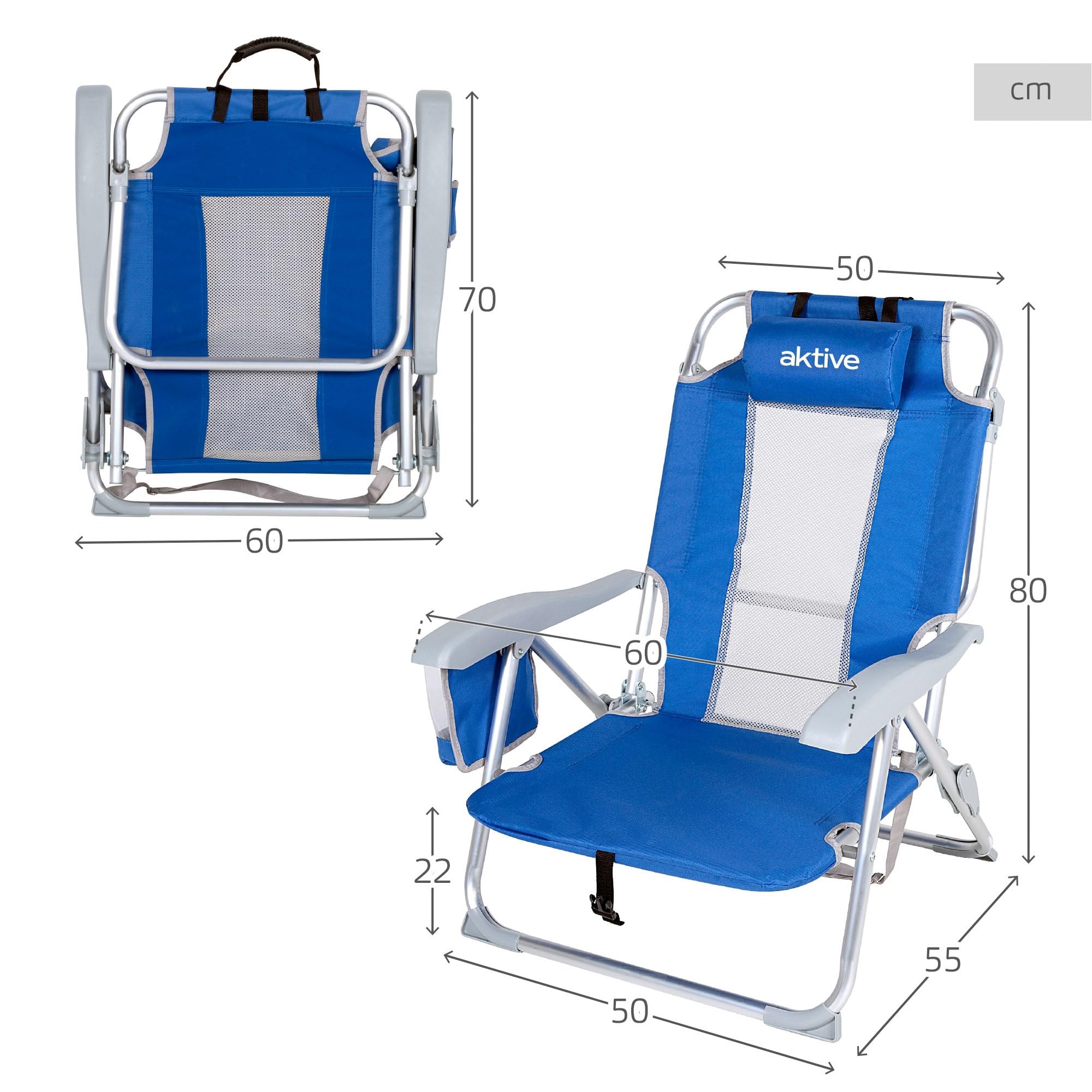 AKTIVE Confezione da 2 sedie da spiaggia pieghevoli, 5 posizioni, colore blu, 49 x 56 x 78 cm, con cuscino imbottito, tasca laterale, manici, massimo 110 kg, paraurti anti-ribaltamento,