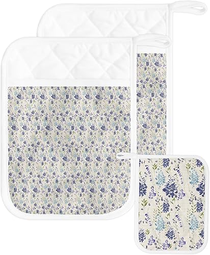 Miniatura 1 de Purple Flowers 2Pcs Pot Holders for Kitchen,Non Slip & Heat Insulation Terry Cloth Potholder Set with Pocket,Thick Hot Pad Oven Mitts Trivet Coaster