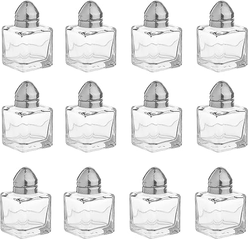 Juego de mini saleros y pimenteros, paquete de 12 (vidrio y acero inoxidable, 0.5 onzas), pequeño, perfecto para viajes, lonchera o fiesta de