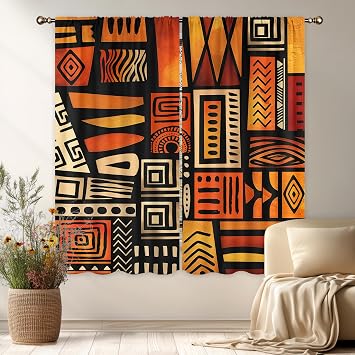 Orange African Curtains 42Wx63H Inch Abstract Afro Tribal Ethnic Historical Africa American Racial Geometric Boho Rod Pocket Bedroom Living Room Window Drapes Treatment Fabric 2 Panels