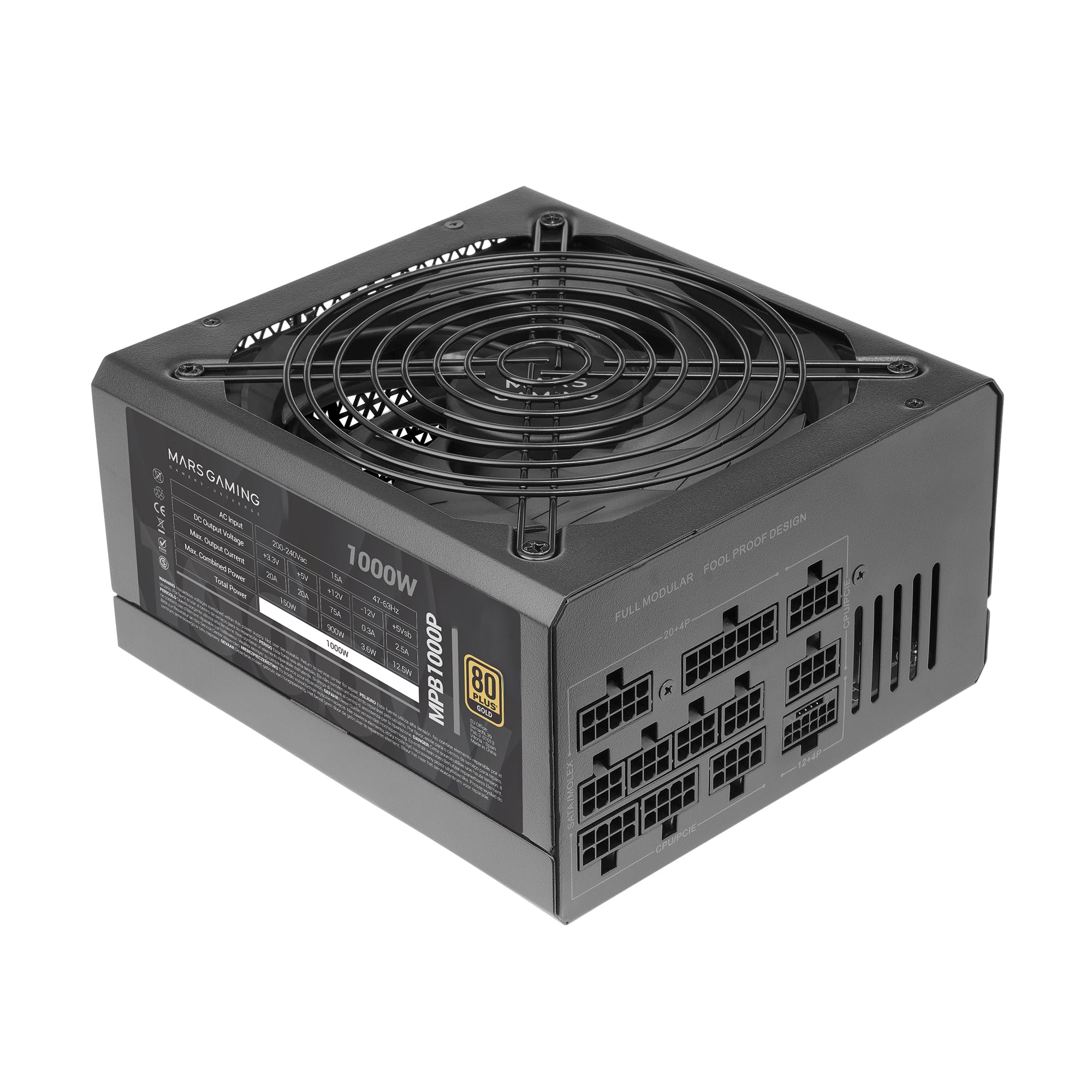 MARSGAMING MPB1000P, Modular ATX 3.1 Power Supply 1000W, 10 Years Warranty, 80Plus Gold, 140mm AI-RPM Fan, Japanese Capacitors, PCIe 5.1 and APFC Support, DC-DC and SMD Technology, Black