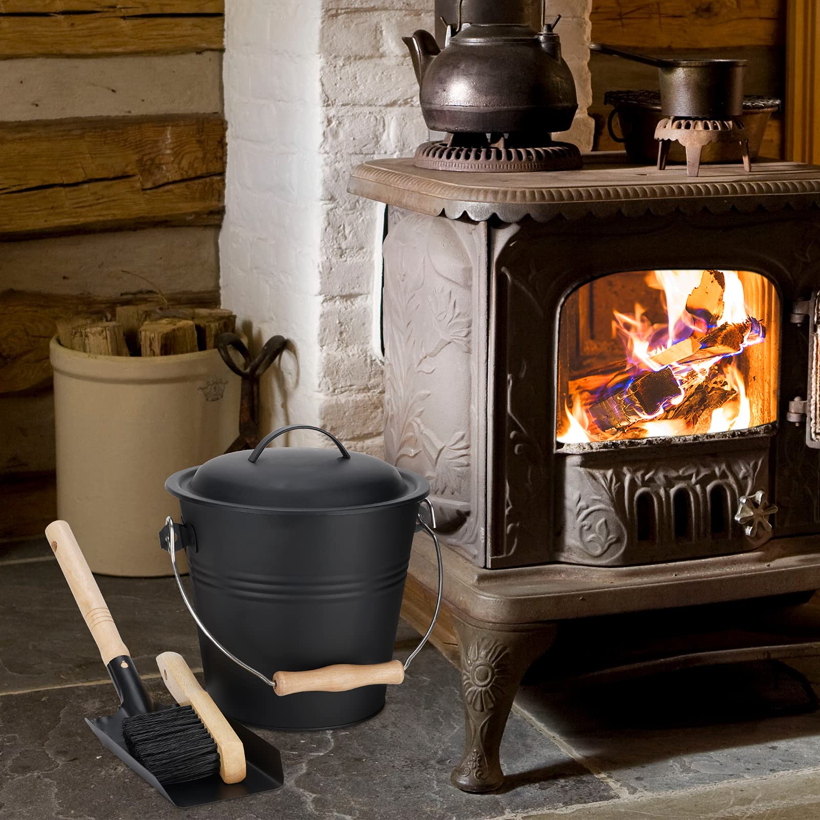 Mini Ash Bucket with Lid, 1.5Gallon Pail with Shovel and Hand Broom