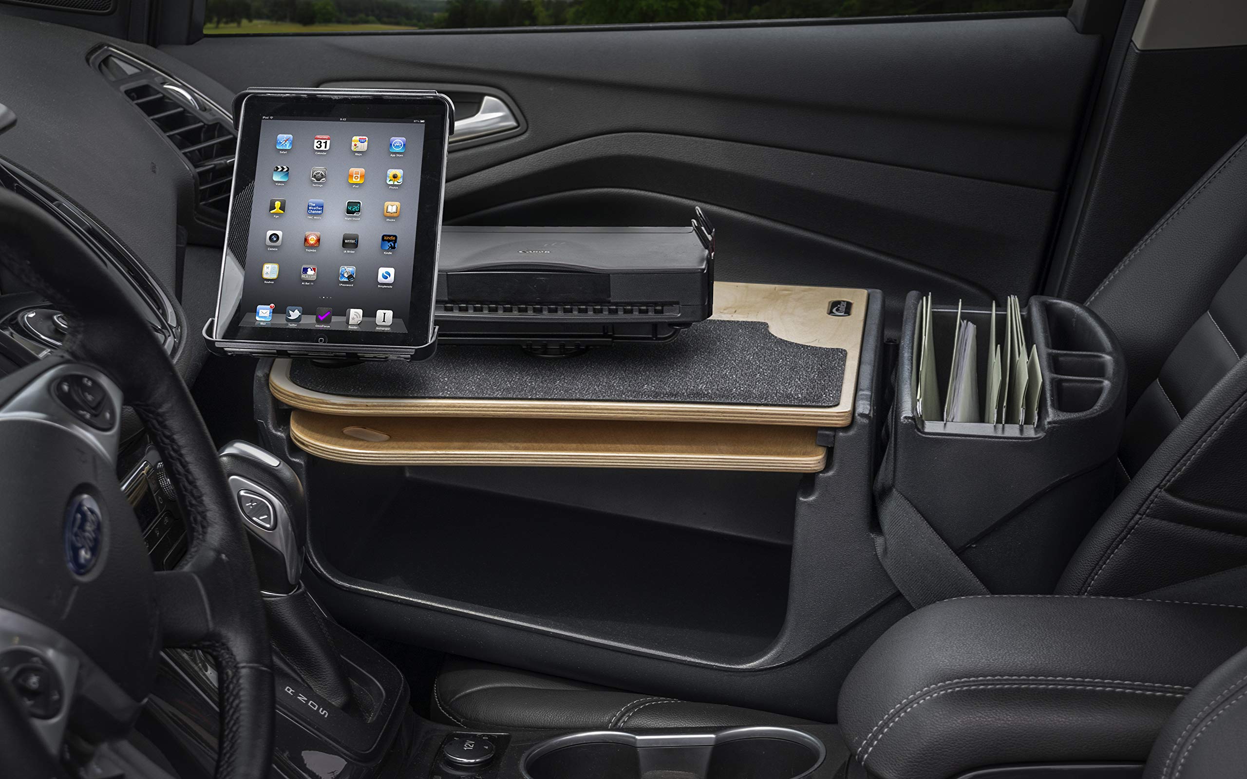 AutoExec AUE15250 GripMaster Car Desk Birch Finish with Printer Stand and Tablet Mount