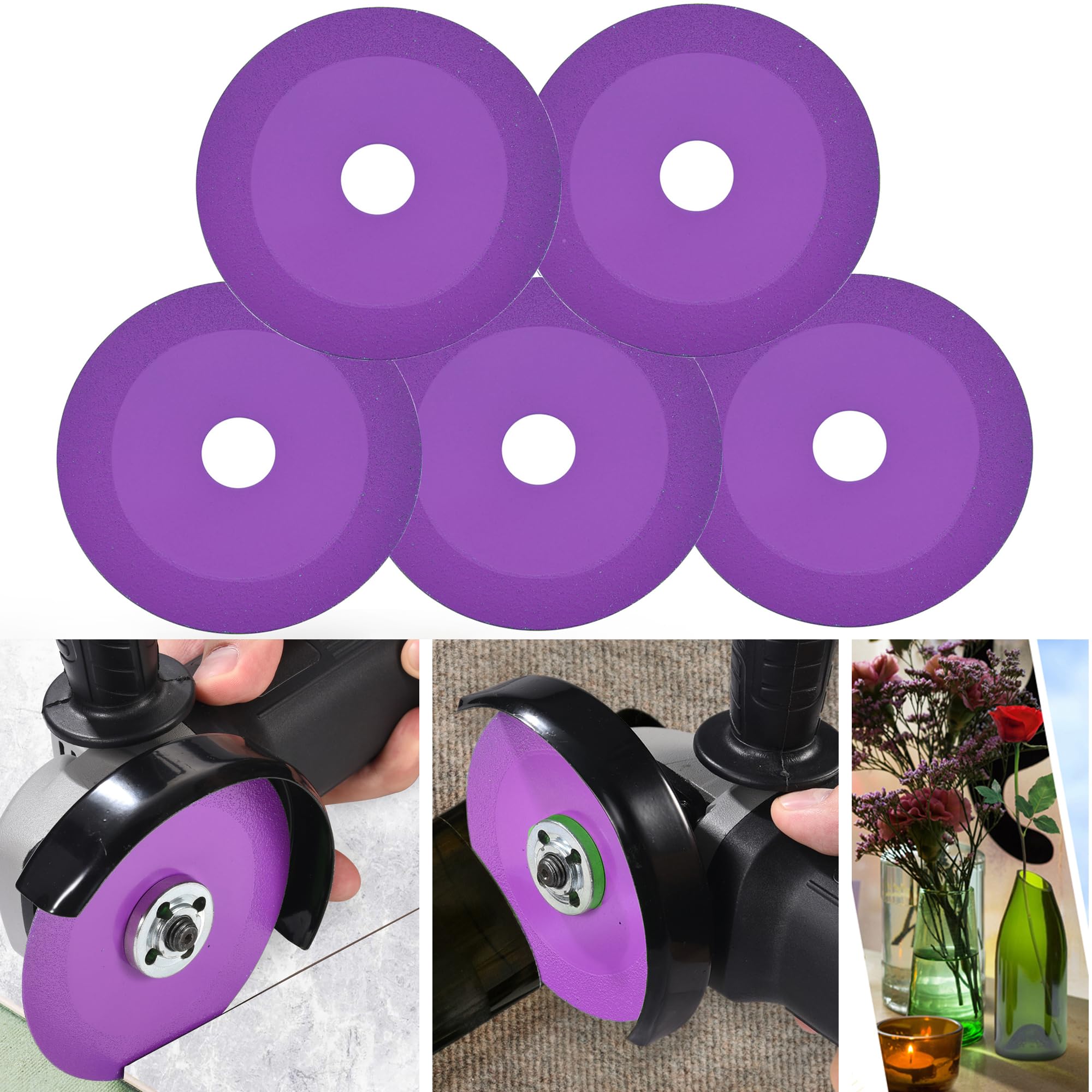 Mornajina 5Packs 4Inch Glass Cutting Disc, Diamond Cutting Blade for Angle Grinder, Grinding of Jade, Crystal, Wine Bottles, Tile (Purple)