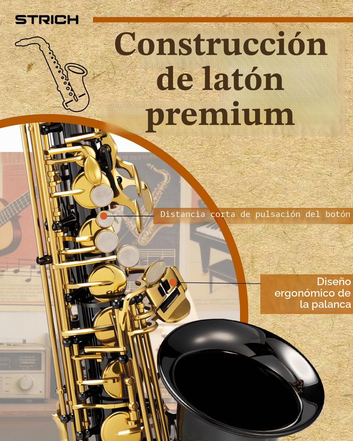 STRICH Kit de saxofón alto para estudiantes principiantes, con correa para el cuello, boquilla y lengüetas, ideal para la banda del colegio y para practicar en casa, SSA-31B, negro