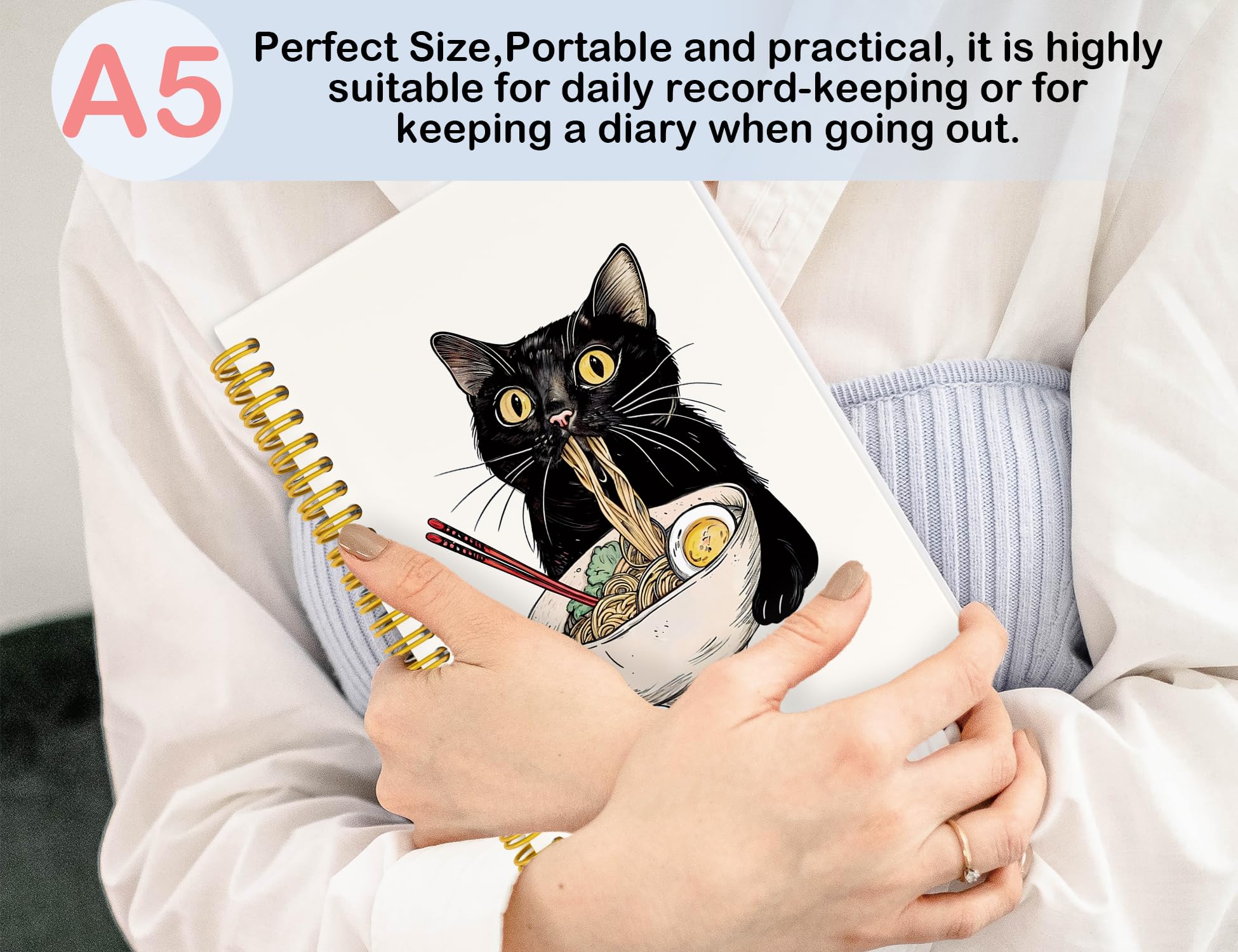 ICEWHITEY Cuaderno de gato negro, regalos de gato negro, divertido diario de gato negro come fideos, regalos para amantes de los gatos, regalos de mamá y gato, suministros de oficina para gatos