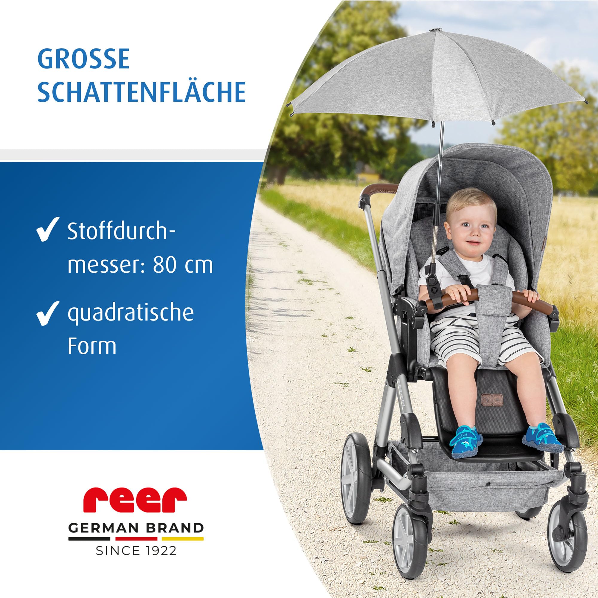 reer ShineSafe Kinderwagen-Sonnenschirm | UV-Schutz (UPF 80+) | universal passend für Kombi- & Sportwagen | Sonnenschutz mit Drehgelenk | aus 100% rPET-Polyester | Einfache Anbringung | Grau-Melange