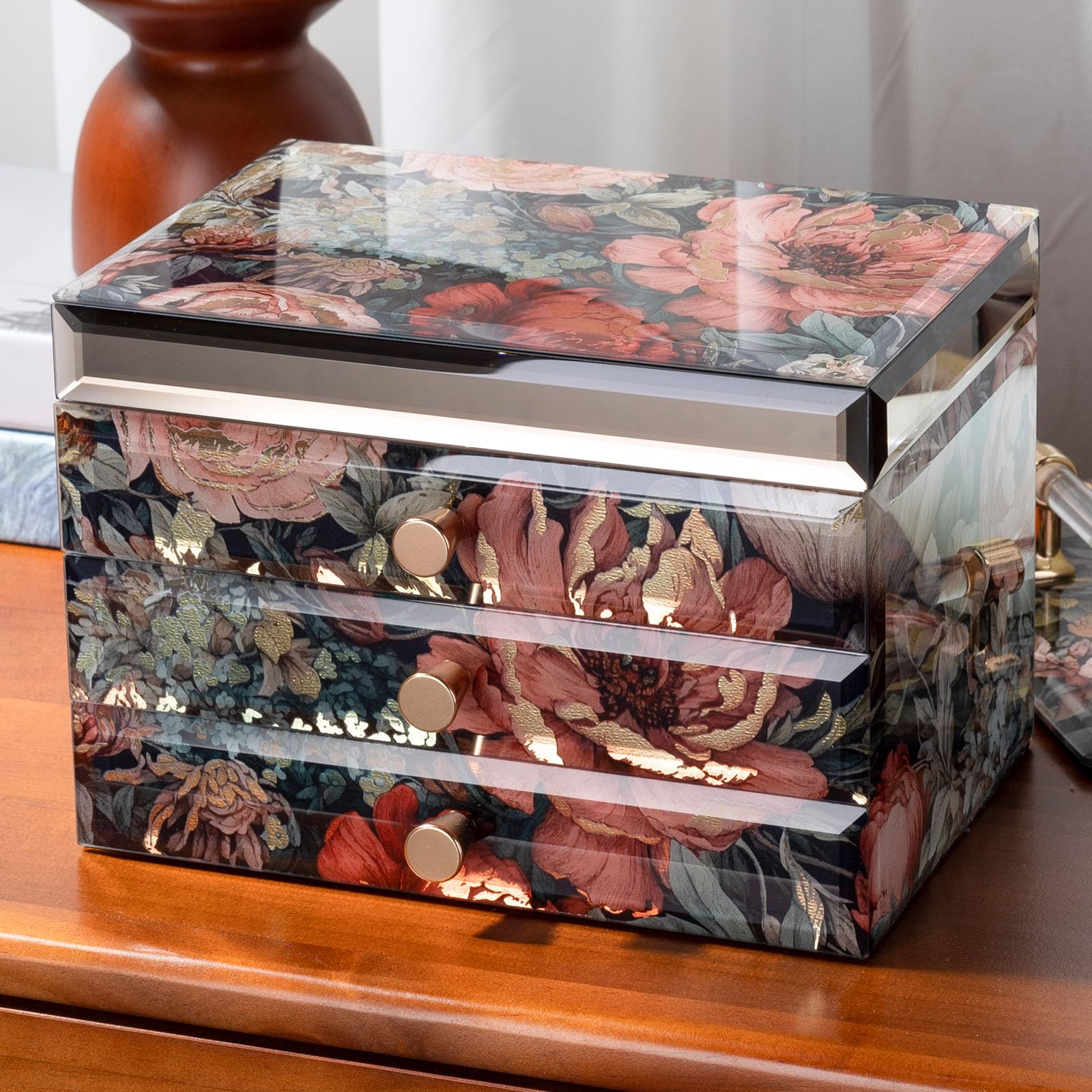 Joyero de cristal con patrón floral, organizador de joyas de 3 niveles para mujeres y niñas, cajas decorativas de regalo de joyería, organizador de mesa para aretes, collar, regalo para