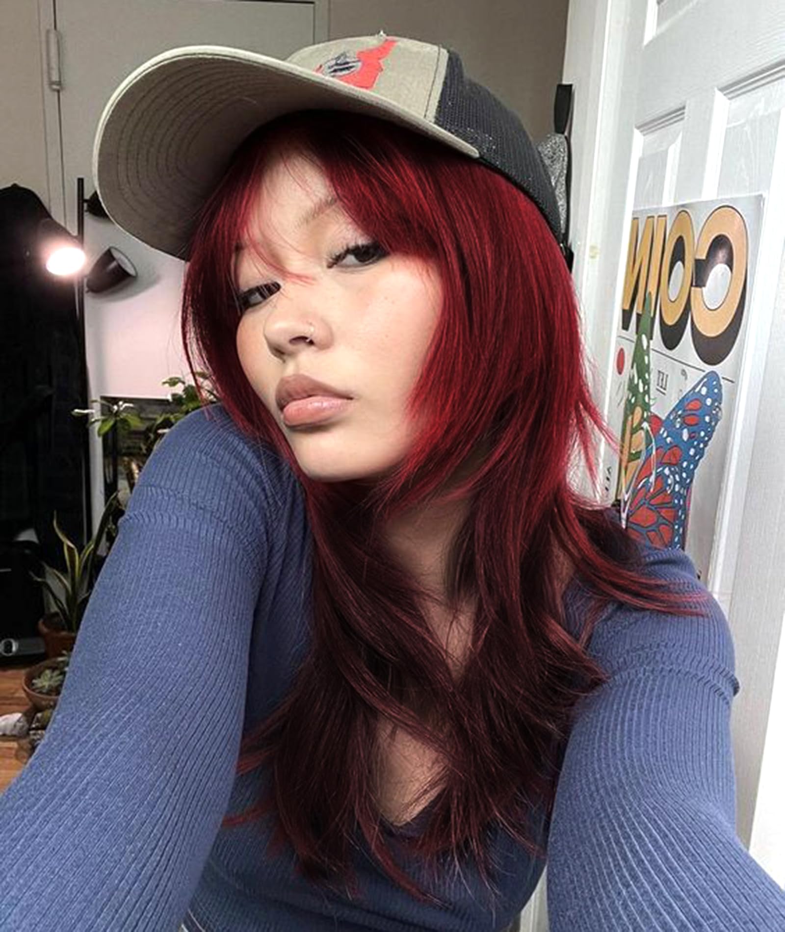 vedar Dark Rooted Red and Black Wig with Bangs, Shoulder Length Natural Straight Synthetic Ombre Red Wigs for Women, Halloween Black Red Wig 20 inch VEDAR-267