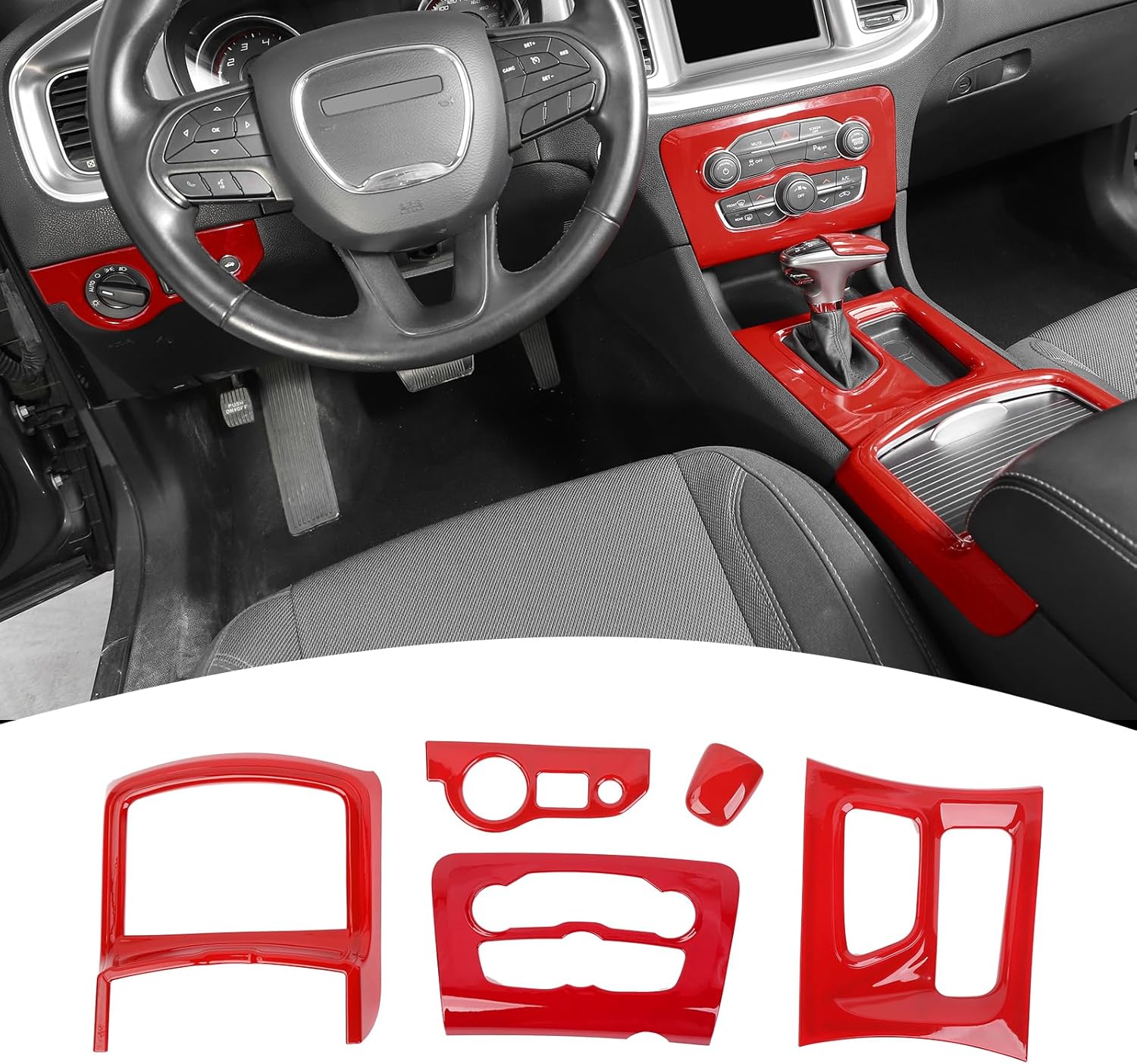 for Charger Red Center Consoles Dash Gear Shift Panel Trim Cover for Dodge Charger 2015 up Red Interior Accessories 5pcs