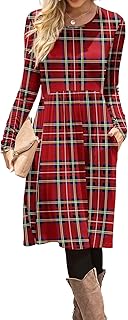 Women Casual Long Sleeve Dresses Empire Waist Knee Length Loose Dress with Pockets