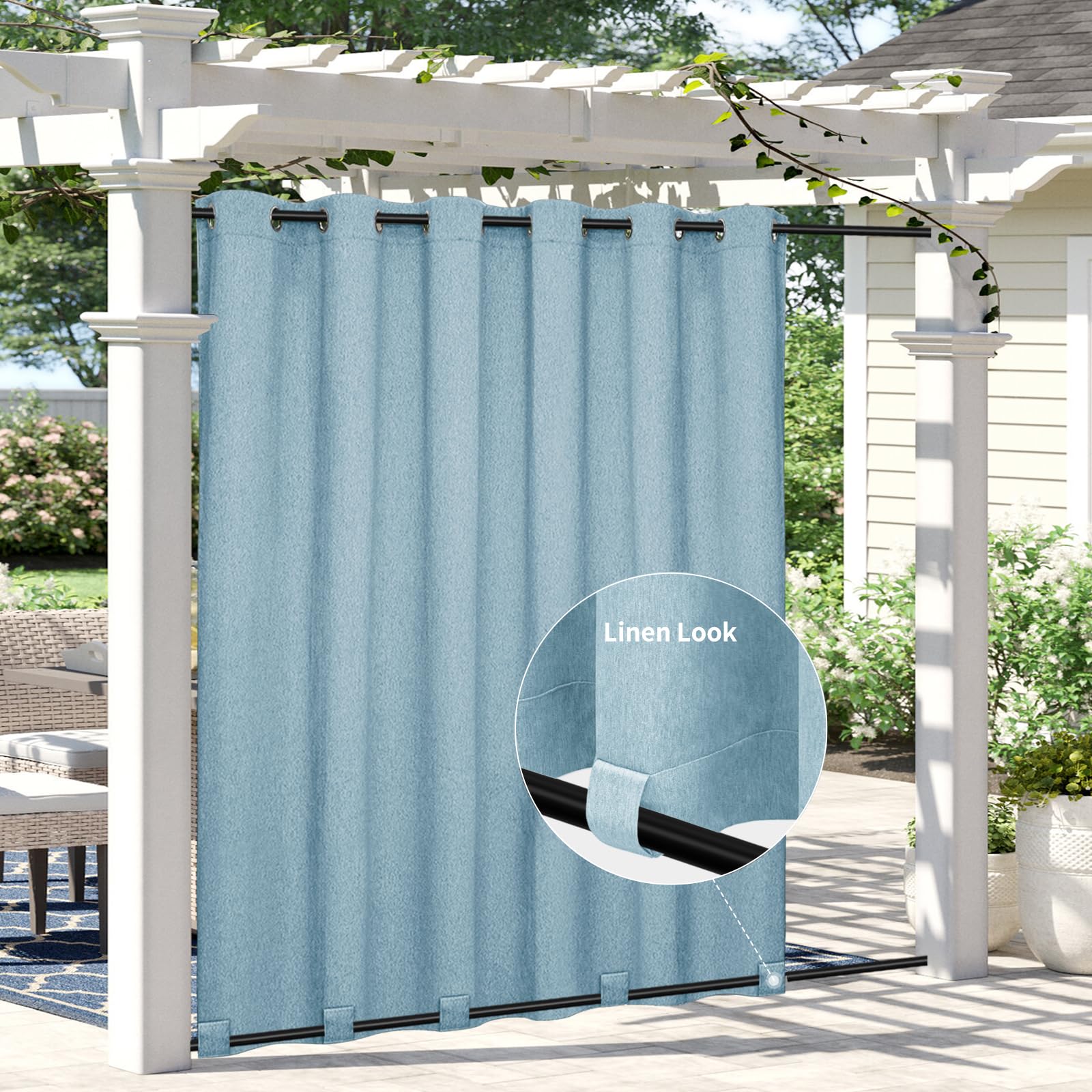 Rideaux d'extérieur pour terrasse et tonnelle ombragée bleu ciel