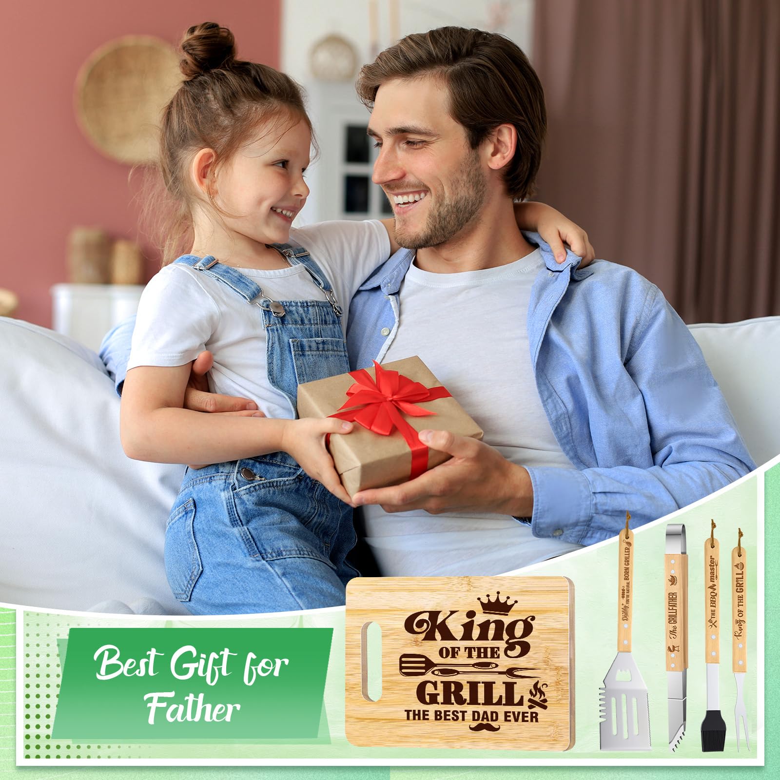 Honeydak Juego de regalos para el día del padre para papá y hombres de hija e hijo, juego de herramientas de parrilla de barbacoa, accesorios con espátula de acero inoxidable, tenedor, cepillo grabado