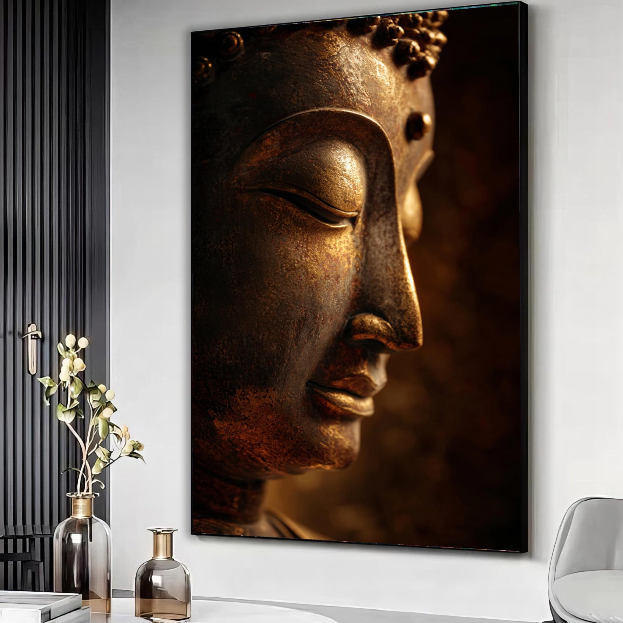 XBTYKPB Buddha Face Portrait Canvas, Golden Spiritual Wall Art, Meditation Decor, Zen Buddha Statue Print, Home Decor Painting(80x110cm/Frameless)