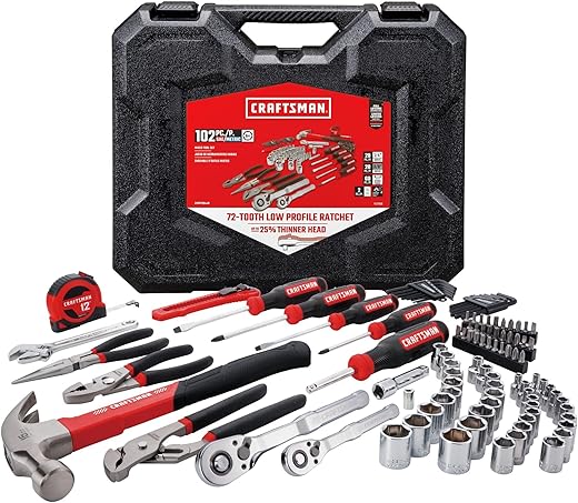 CRAFTSMAN 102-Piece Tool Kit for Home and Car, Durable Hand Tools Set with SAE and Metric Socket Set, Screwdrivers, Wrench, Hammer, Pliers, Knife, Hex Keys, Specialty Bits, Tape Measure (CMMT99449)