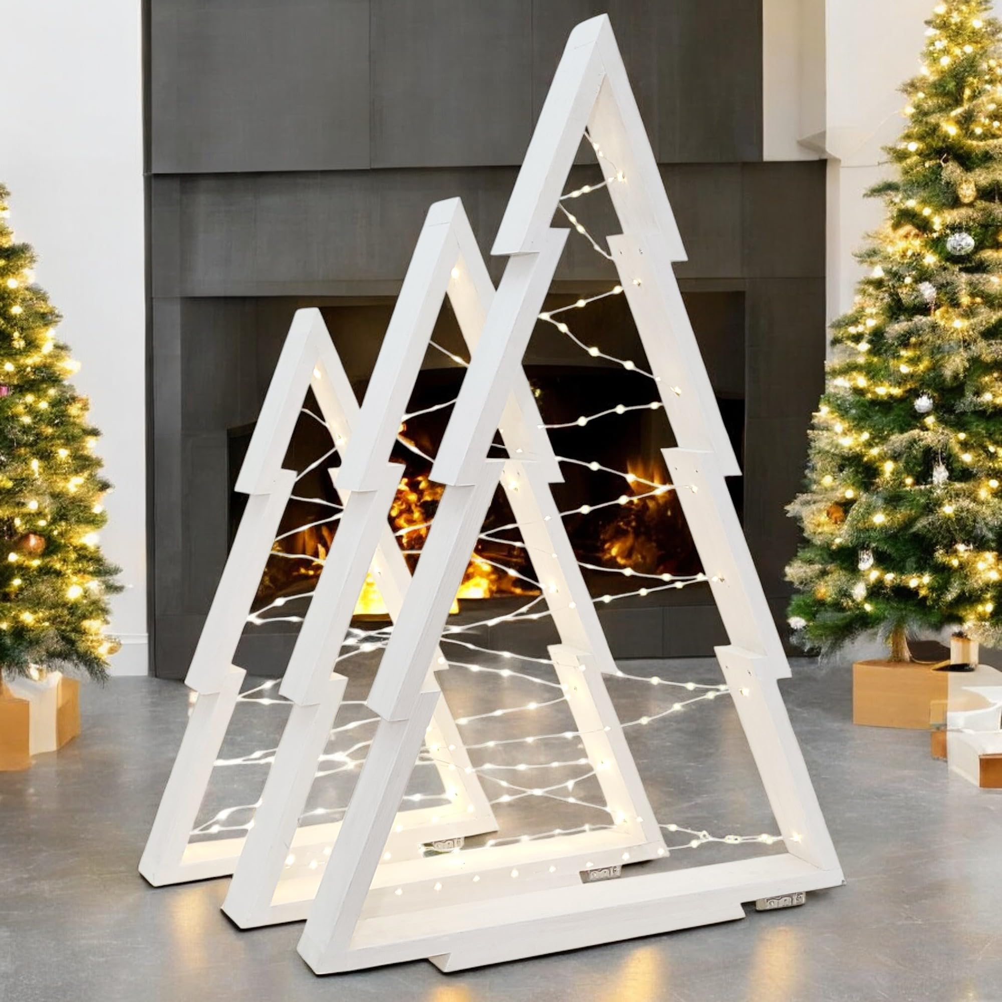 WEECO Set di decorazioni natalizie con 3 alberi di Natale in legno con illuminazione a LED, decorazione natalizia per esterni e interni, decorazione natalizia XLL fatta a mano con altezze di 113, 90,