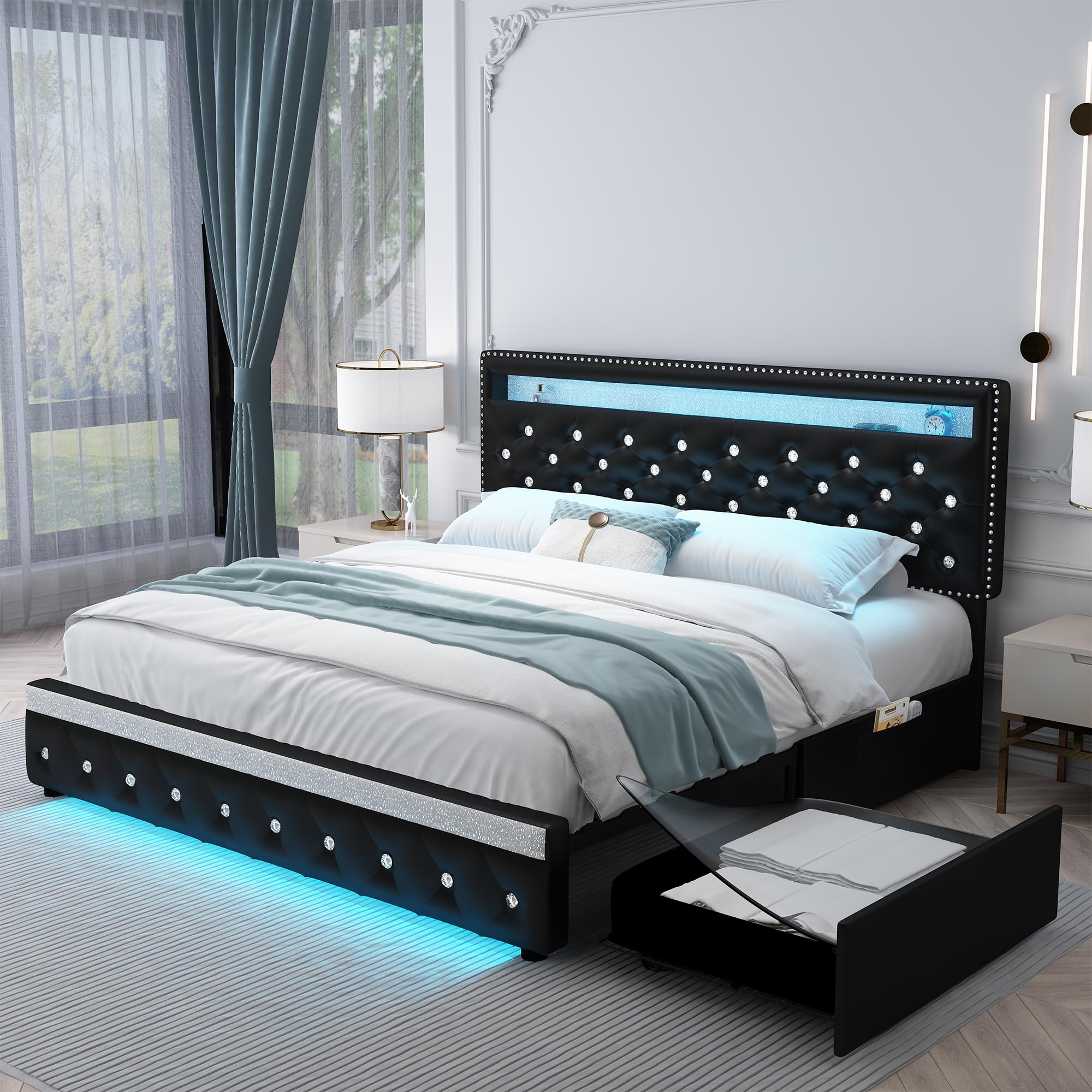 Queen Led Bed Frame with 2 Drawers, Heavy Duty Upholstered Platform Bed Frames Queen Size with Storage and Adjustable Crystal Button Tufted Headboard,