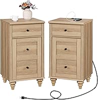 WAMPAT Oak Nightstands Set of 2 with Charging Station, 2 Outlets & USB Ports, Drawer Cabinet End Tables for Bedroom Living Room