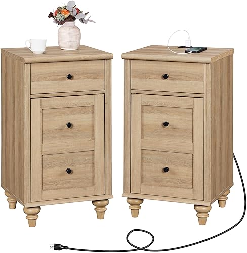 WAMPAT Mesitas de noche con estación de carga, juego de 2 mesas auxiliares con tomas de corriente y puertos USB para sala de estar, mesa auxiliar